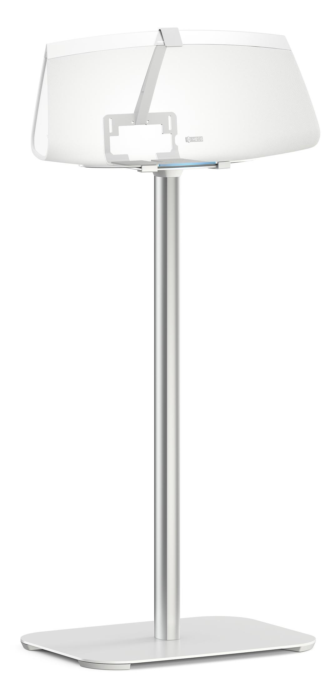 A white speaker on a silver stand against a white background.
