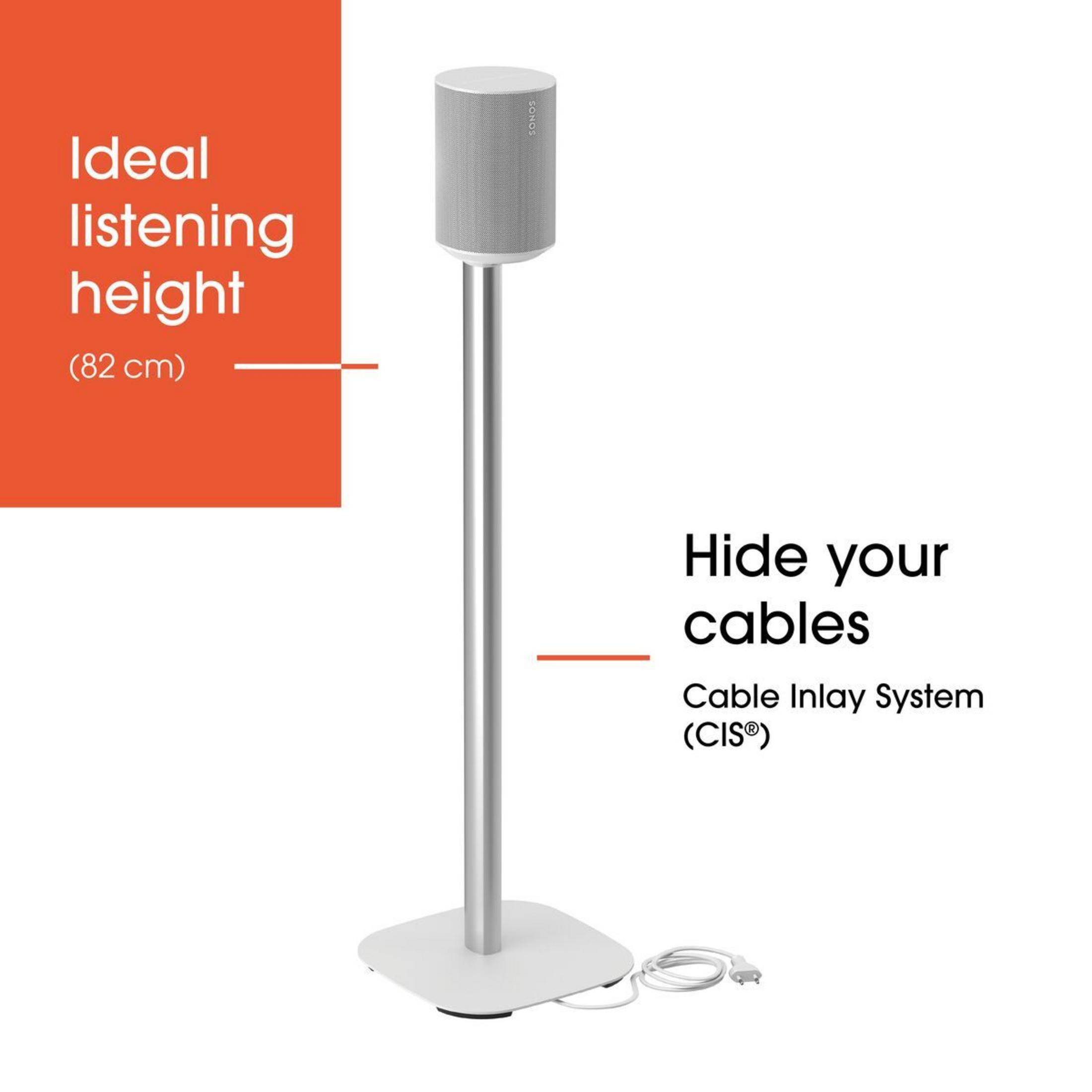 A grey speaker on a white stand with a cable.