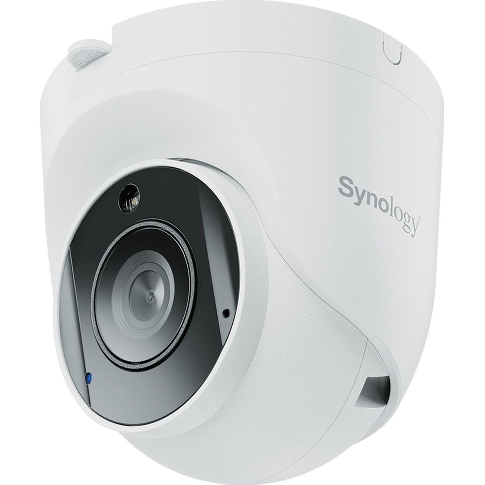 White Synology security camera with a lens and a "Push" button.