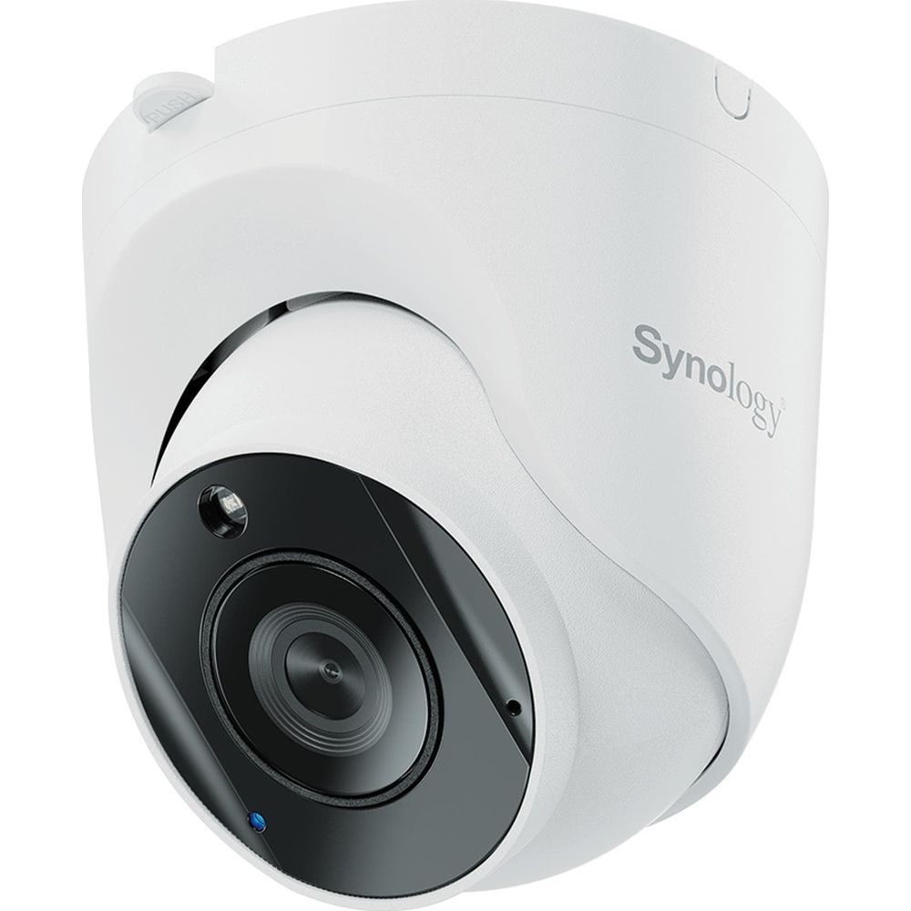 A white Synology camera with a black lens and a blue light.