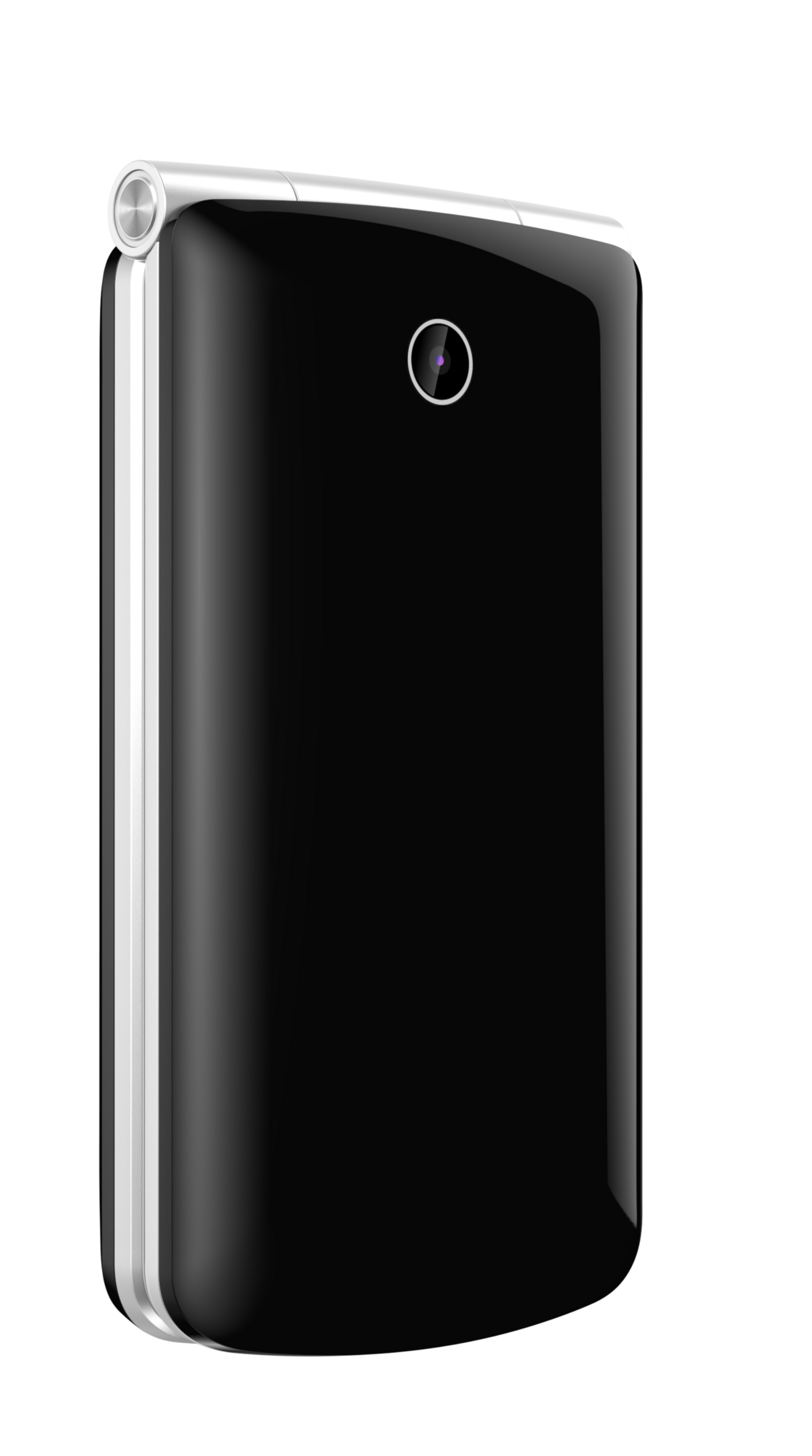 Ein glänzendes, schwarzes Smartphone mit silbernen Akzenten und einer Kamera.