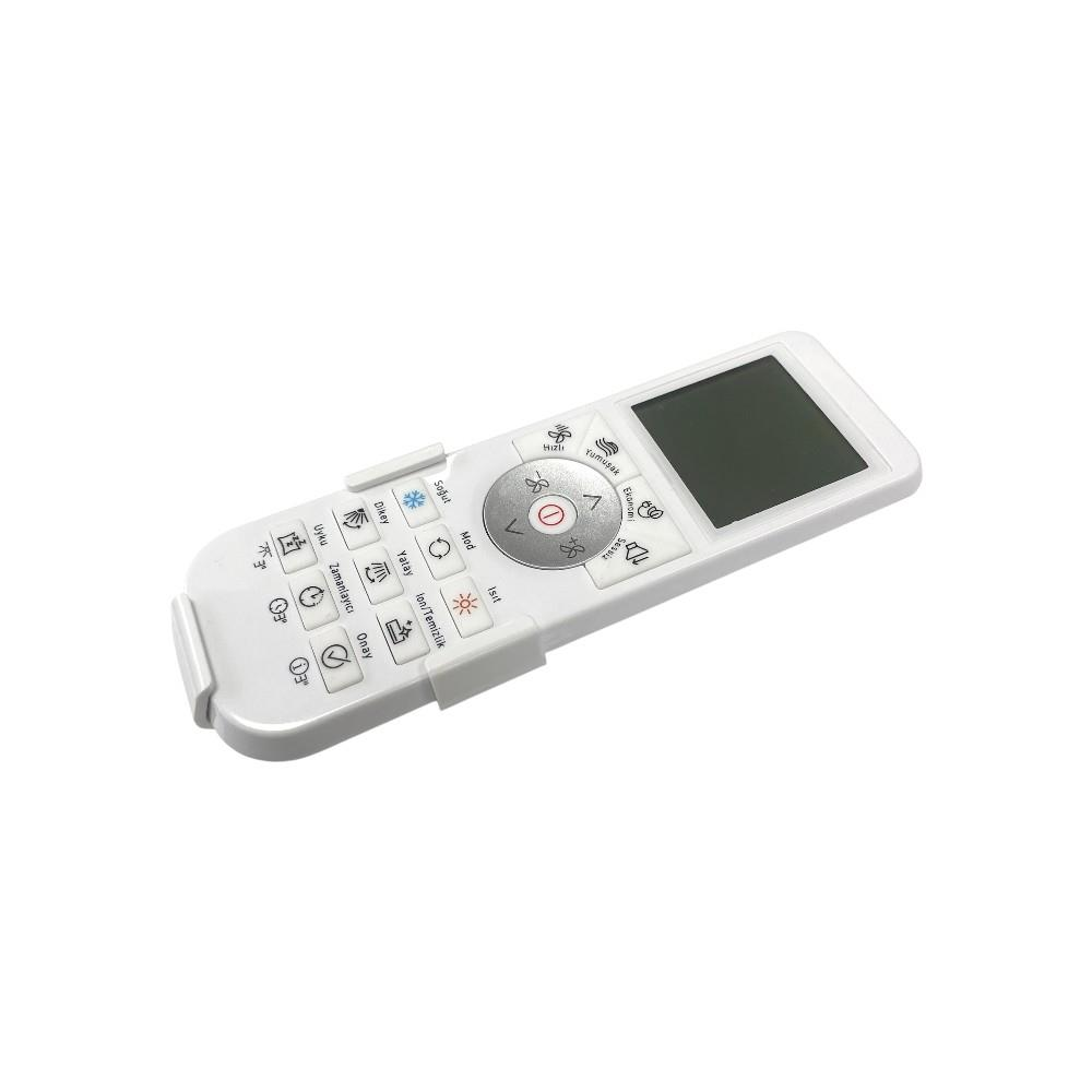 Düğmeli ve LCD ekranlı beyaz bir uzaktan kumanda.