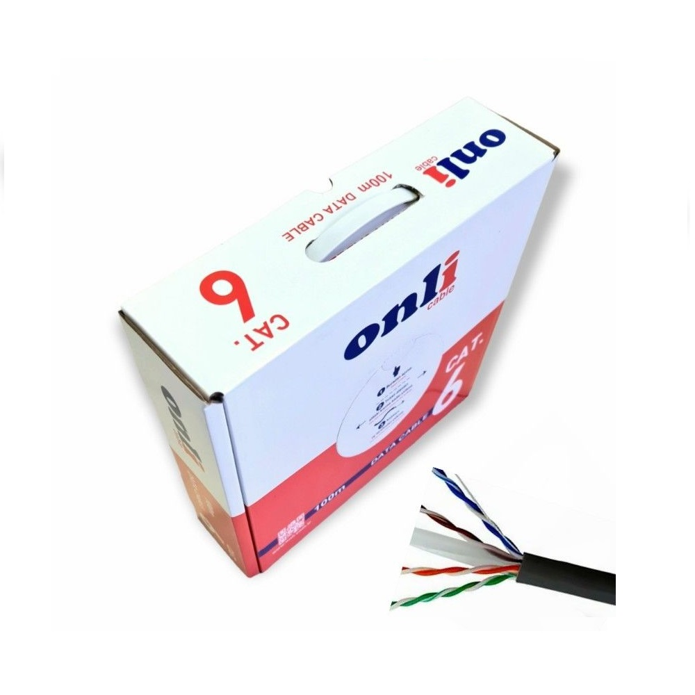 "Onli cable" CAT 6 veri kablosu için kutu, 100m. Yanında soyulmuş bir kablo ucu var.
