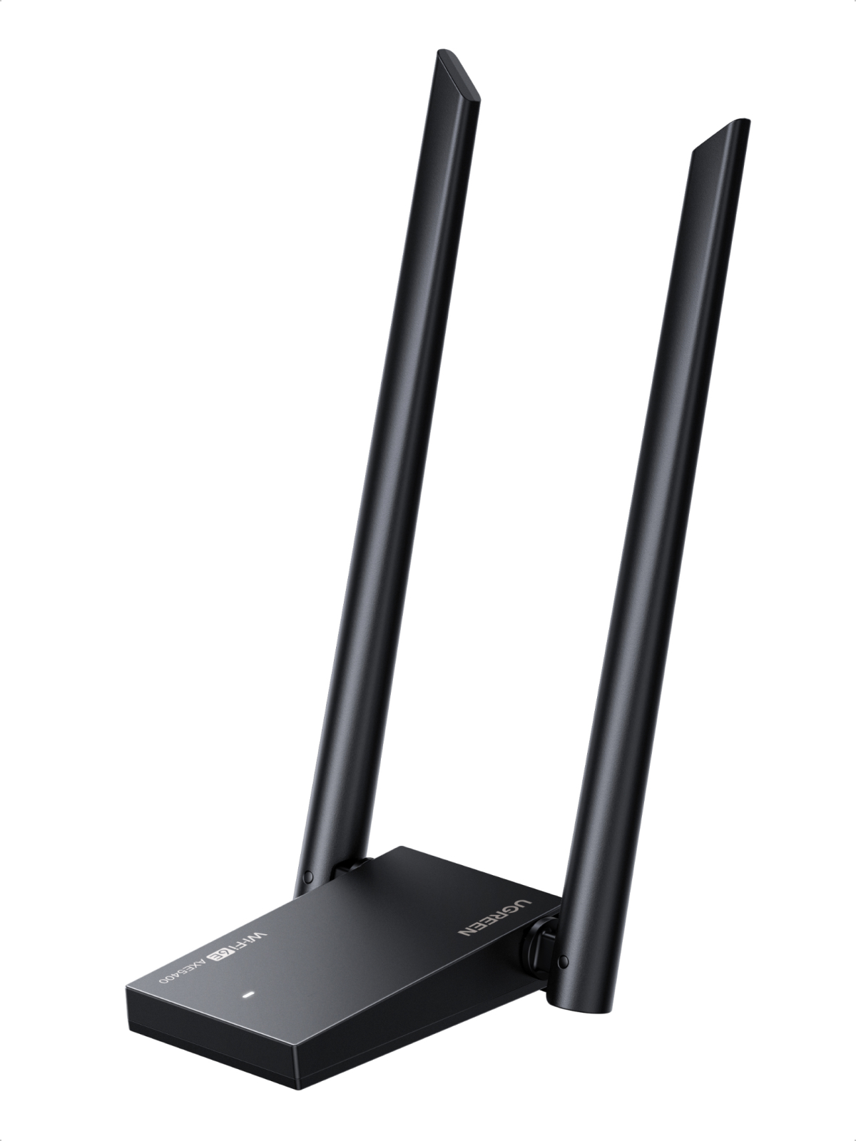 Czarny adapter Wi-Fi z dwiema antenami na białym tle.