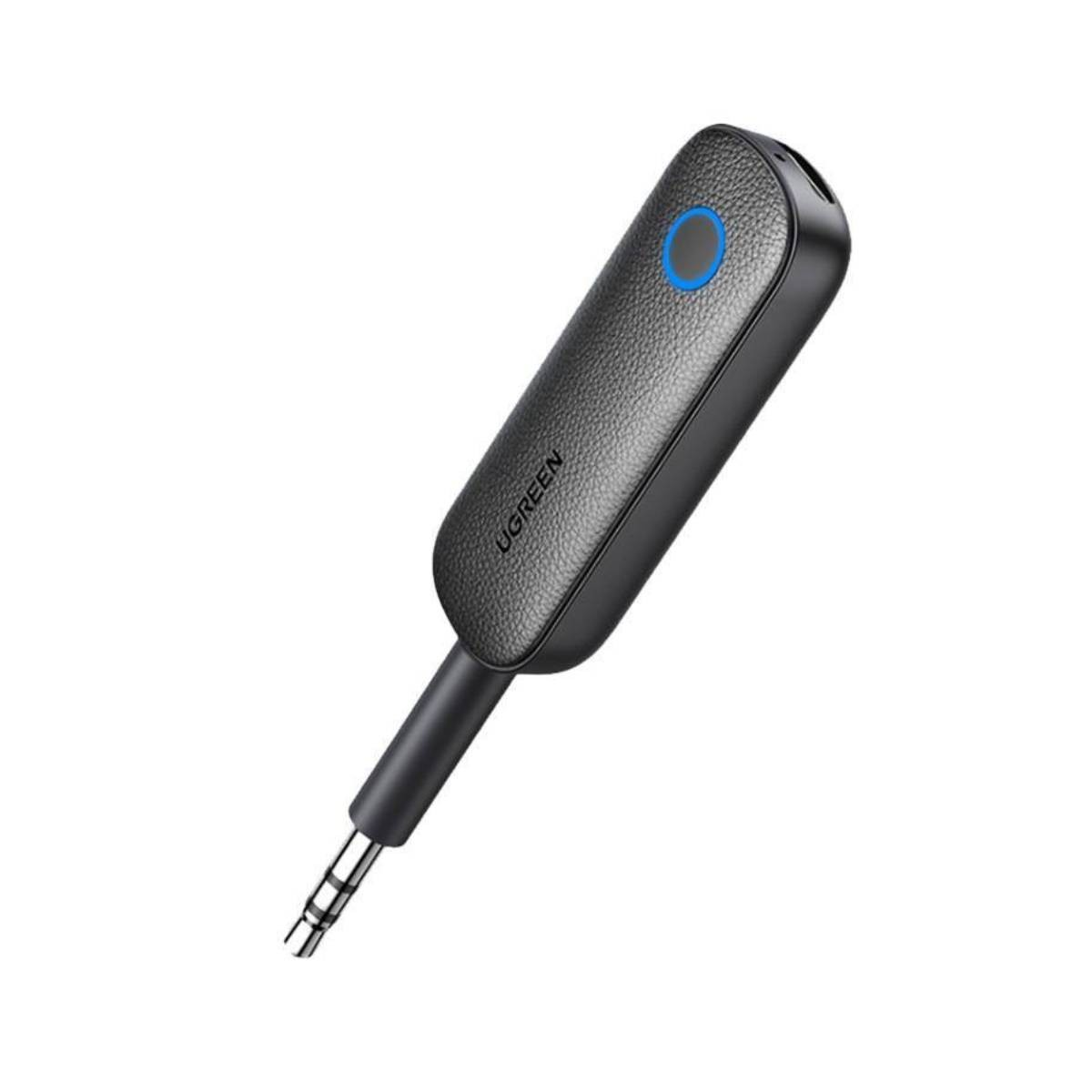 Czarny odbiornik audio UGREEN z gniazdem 3,5 mm i niebieskim kółkiem.