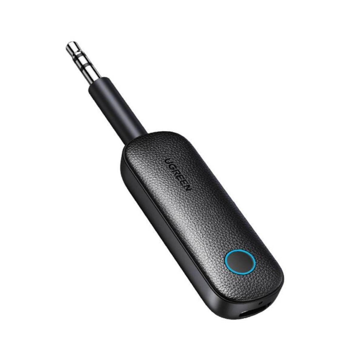 Czarny odbiornik audio Bluetooth z wtyczką 3,5 mm i niebieską diodą LED.