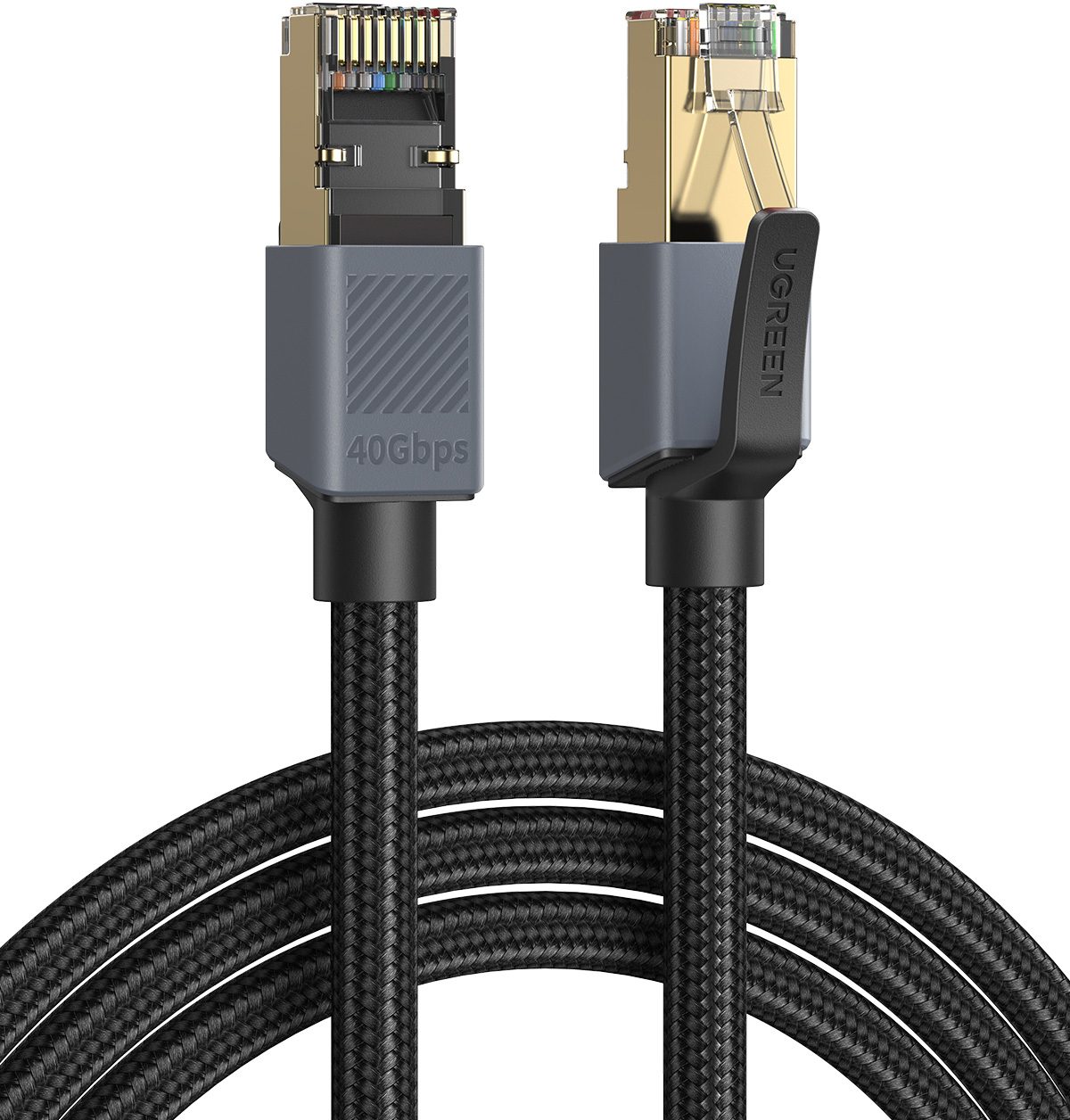 Dwa czarne kable Ethernet 40 Gbps ze złotymi złączami i szarymi obudowami.
