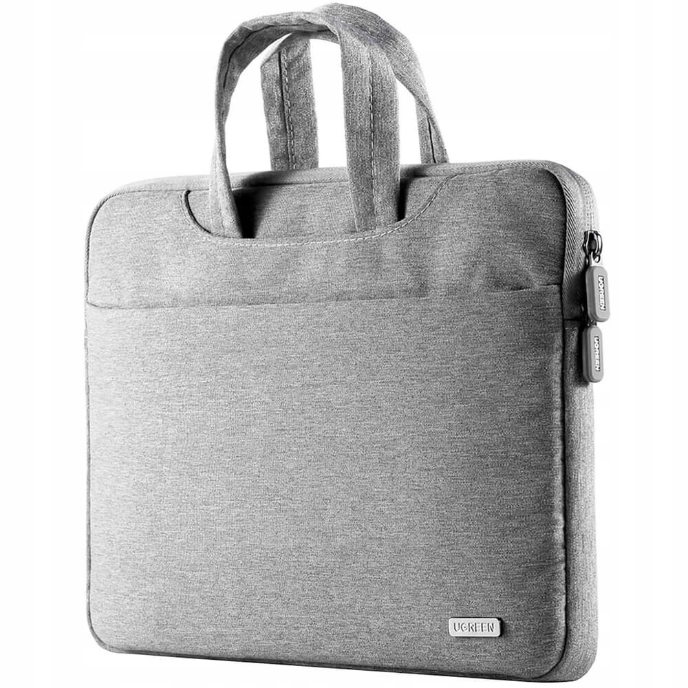 Szara torba na laptopa z dwoma uchwytami i zamkiem.