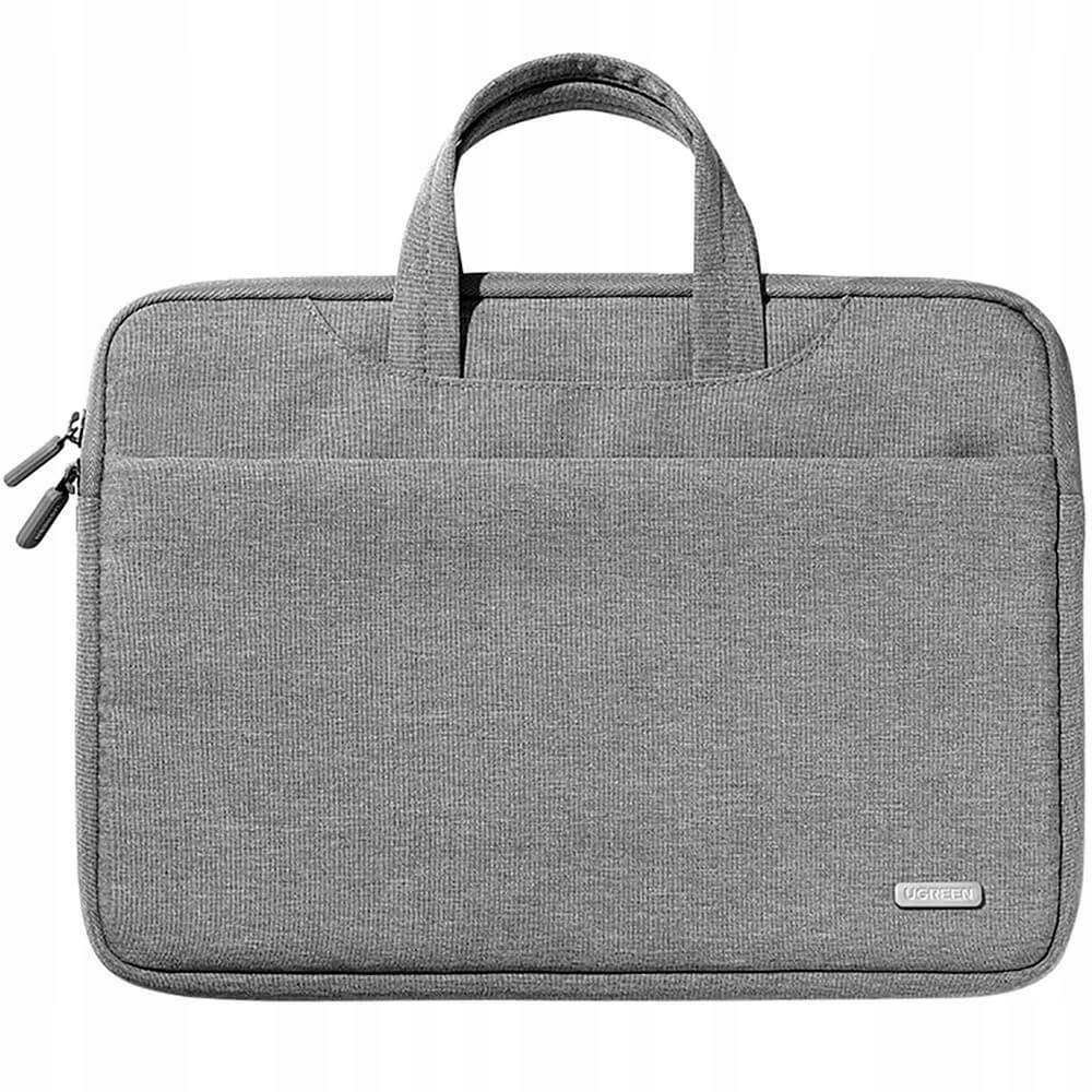 Szara torba na laptopa z dwoma uchwytami i przednią kieszenią na zamek.