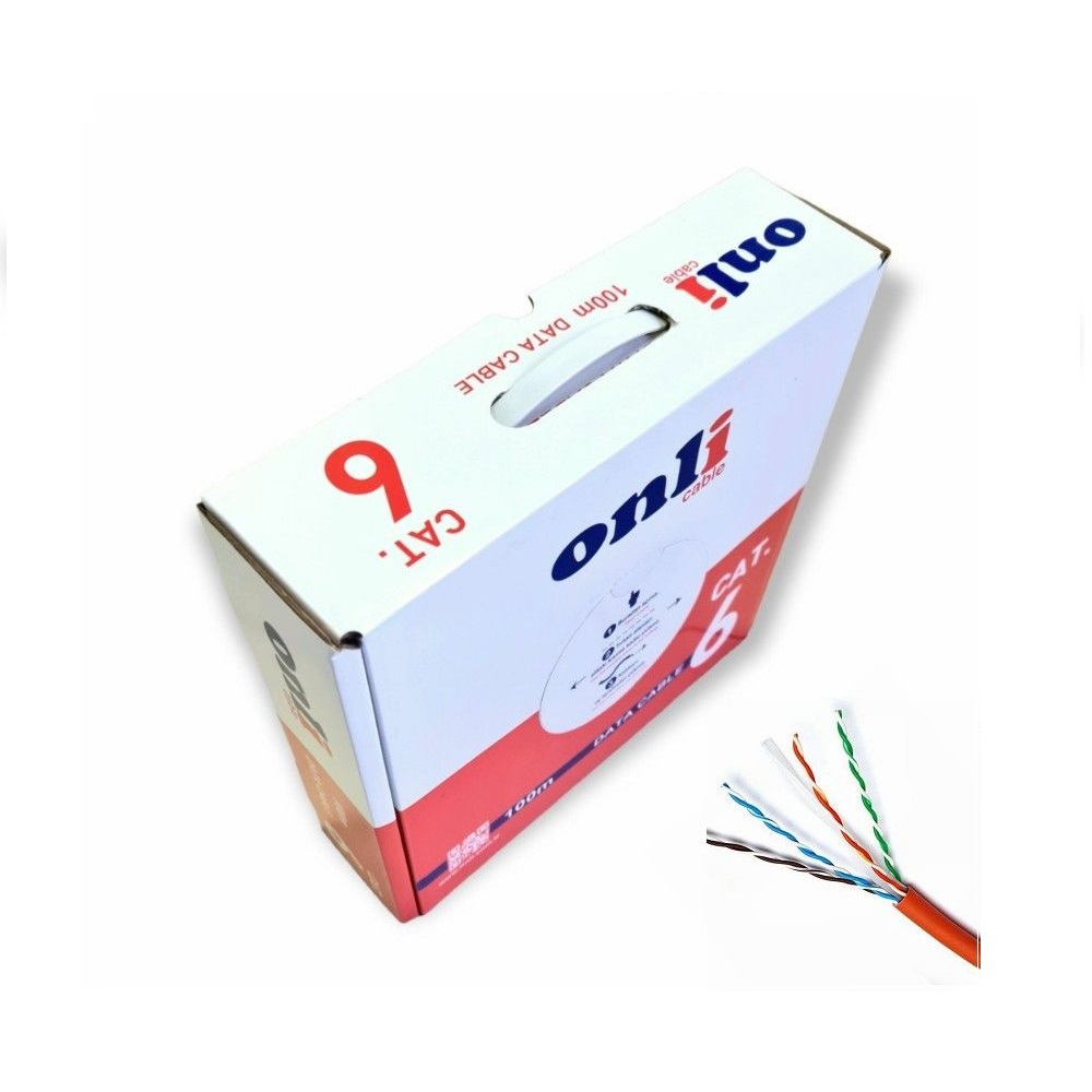 Turuncu kablo uçları açıkta olan "onli cable CAT. 6 DATA CABLE 100m" kutusu.