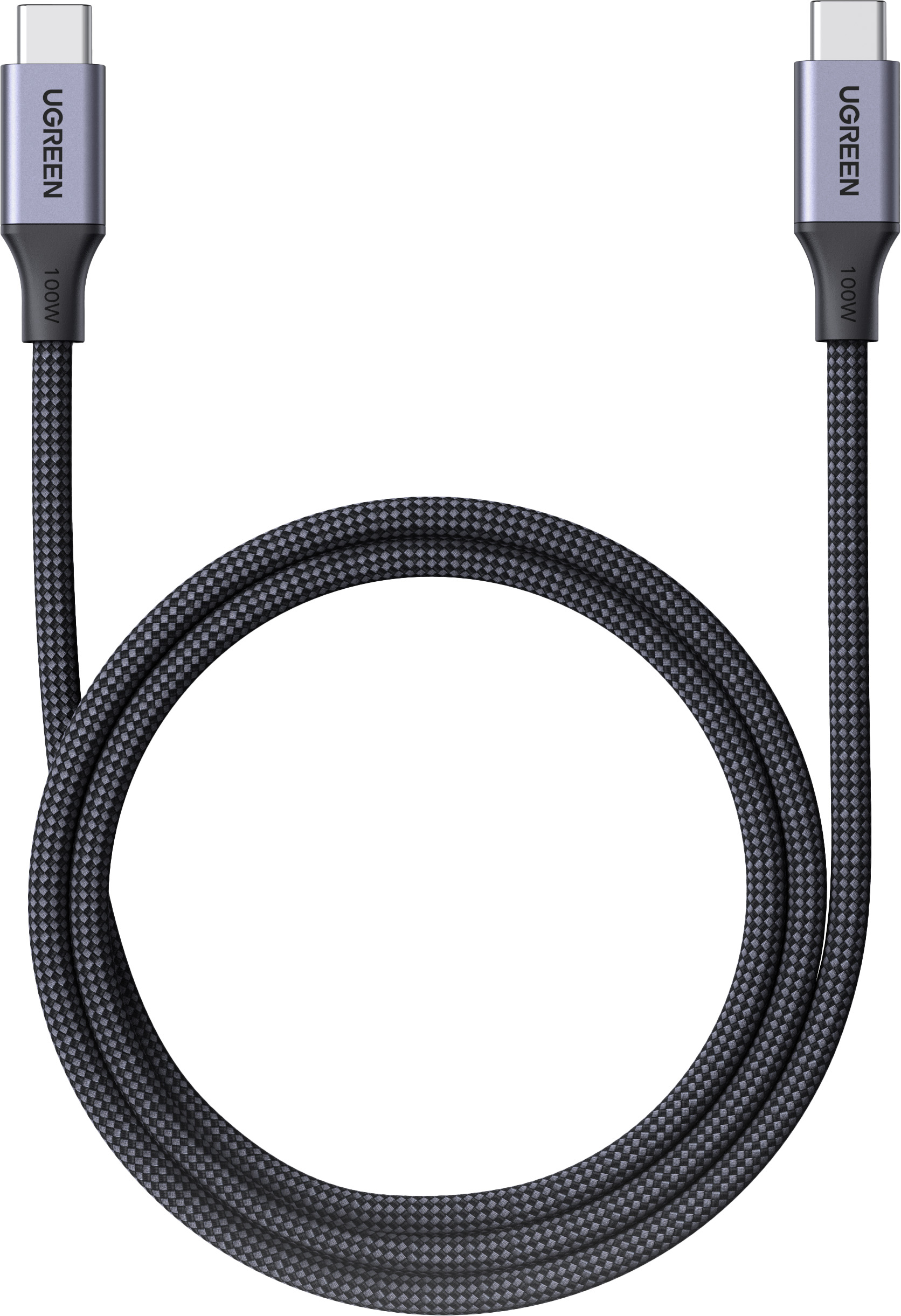 Un cavo di ricarica UGREEN nero con connettori USB-C, 100W.