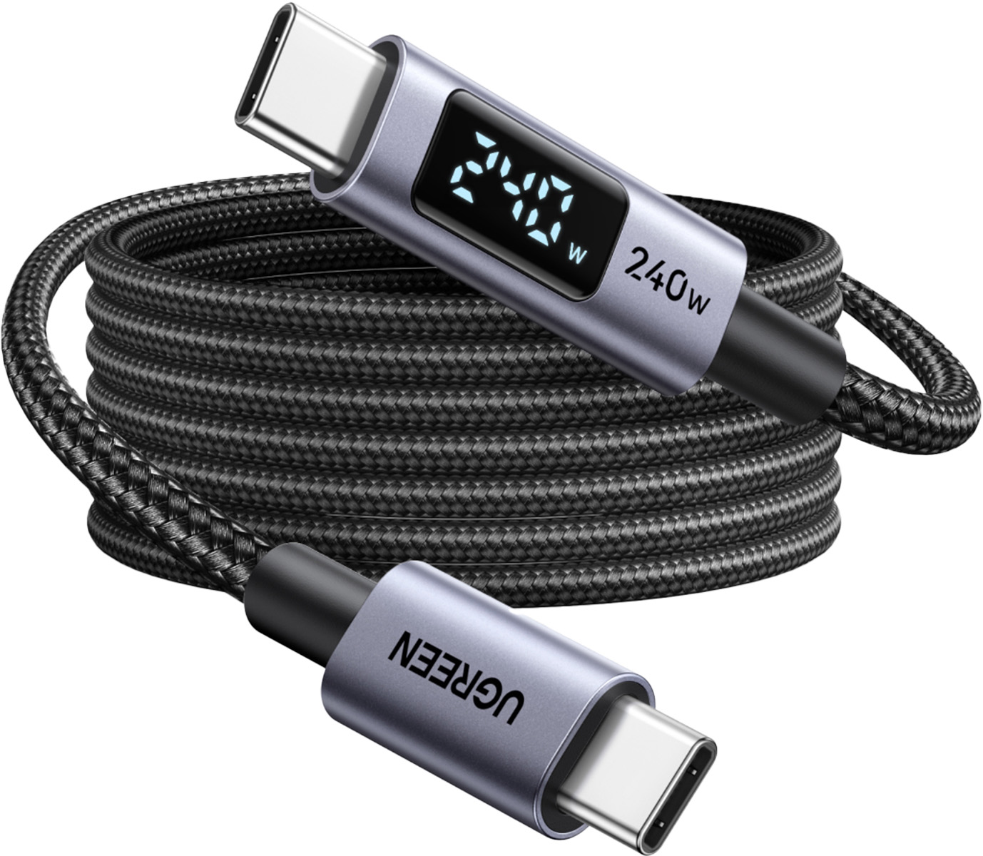 Cavo USB-C nero con display digitale di wattaggio e due connettori.