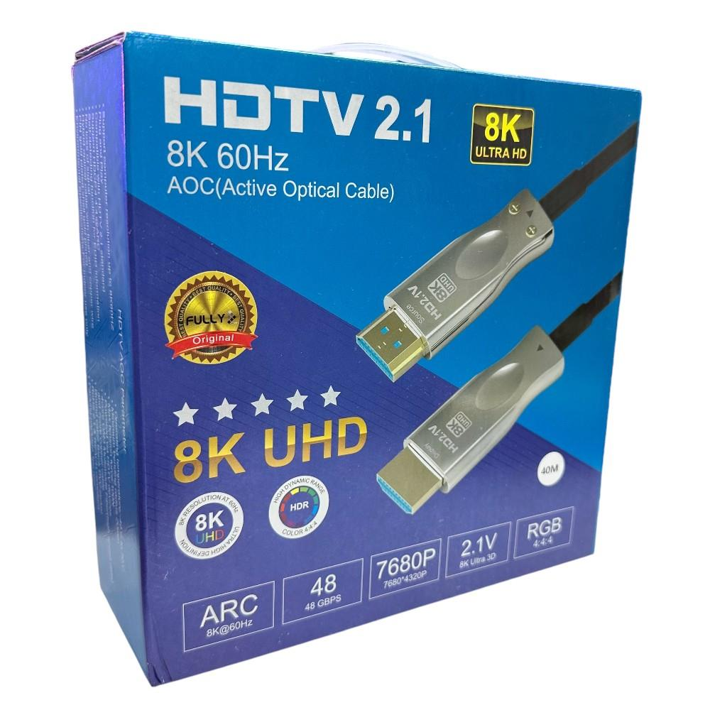 HDTV 2.1, 8K 60Hz AOC kablo kutusu. HDMI ve USB konnektörlü 2 kablo gösteriyor.