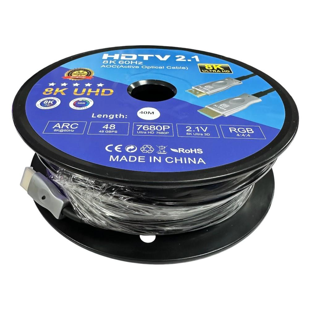 8K, 60Hz, 48Gbps etiketli, makarada 40 metrelik HDMI kablosu.