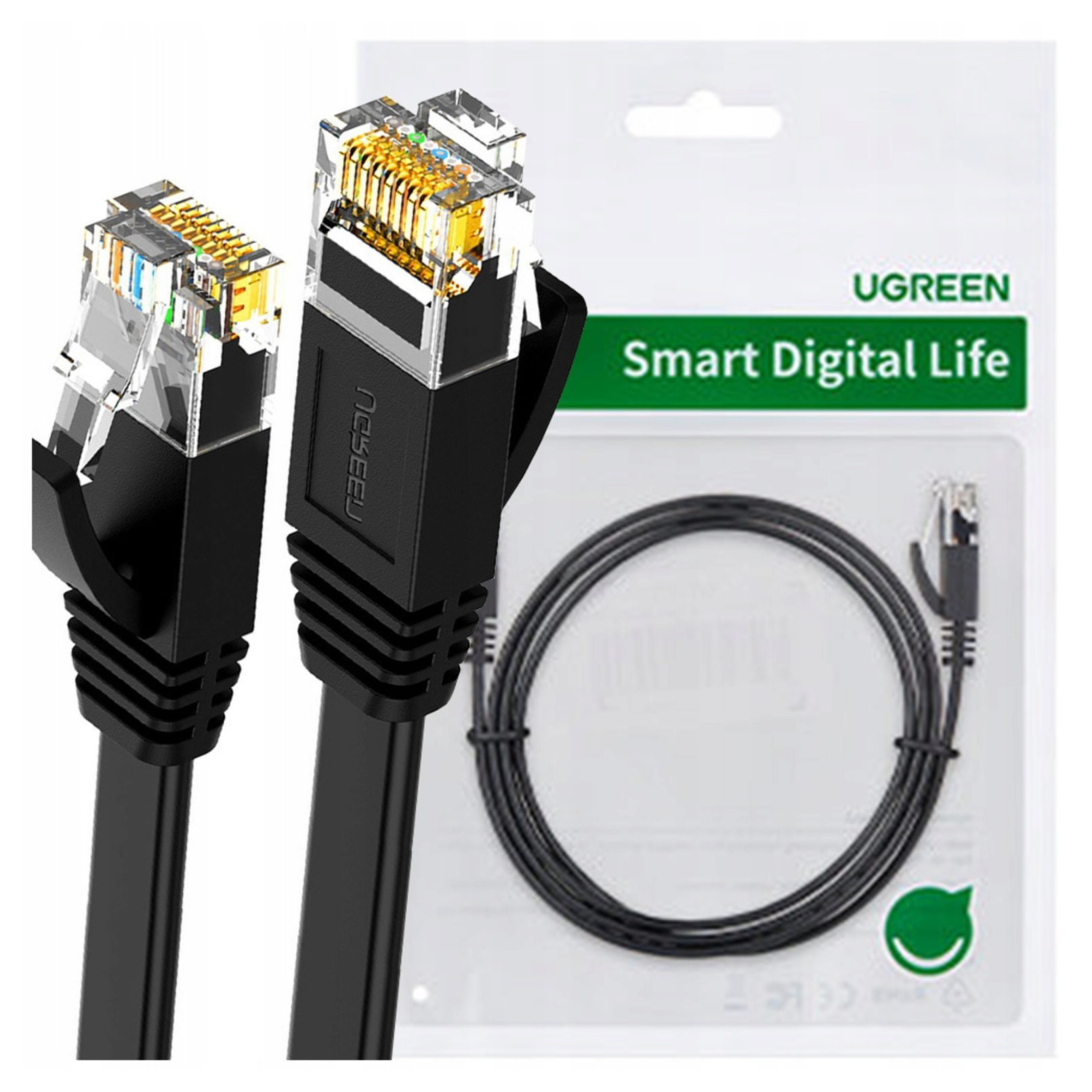 Dwa czarne kable Ethernet z przezroczystymi złączami i złotymi stykami.