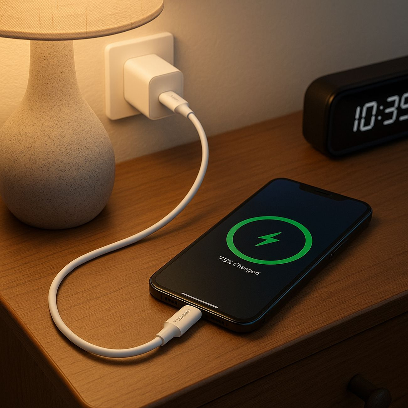 Smartfon jest podłączony do ładowarki białym kablem.