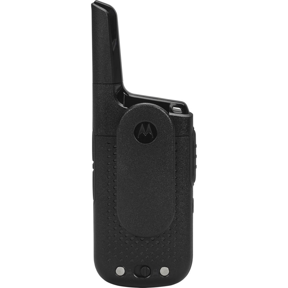 Walkie-talkie nero con clip e logo Motorola, mostrato di lato.