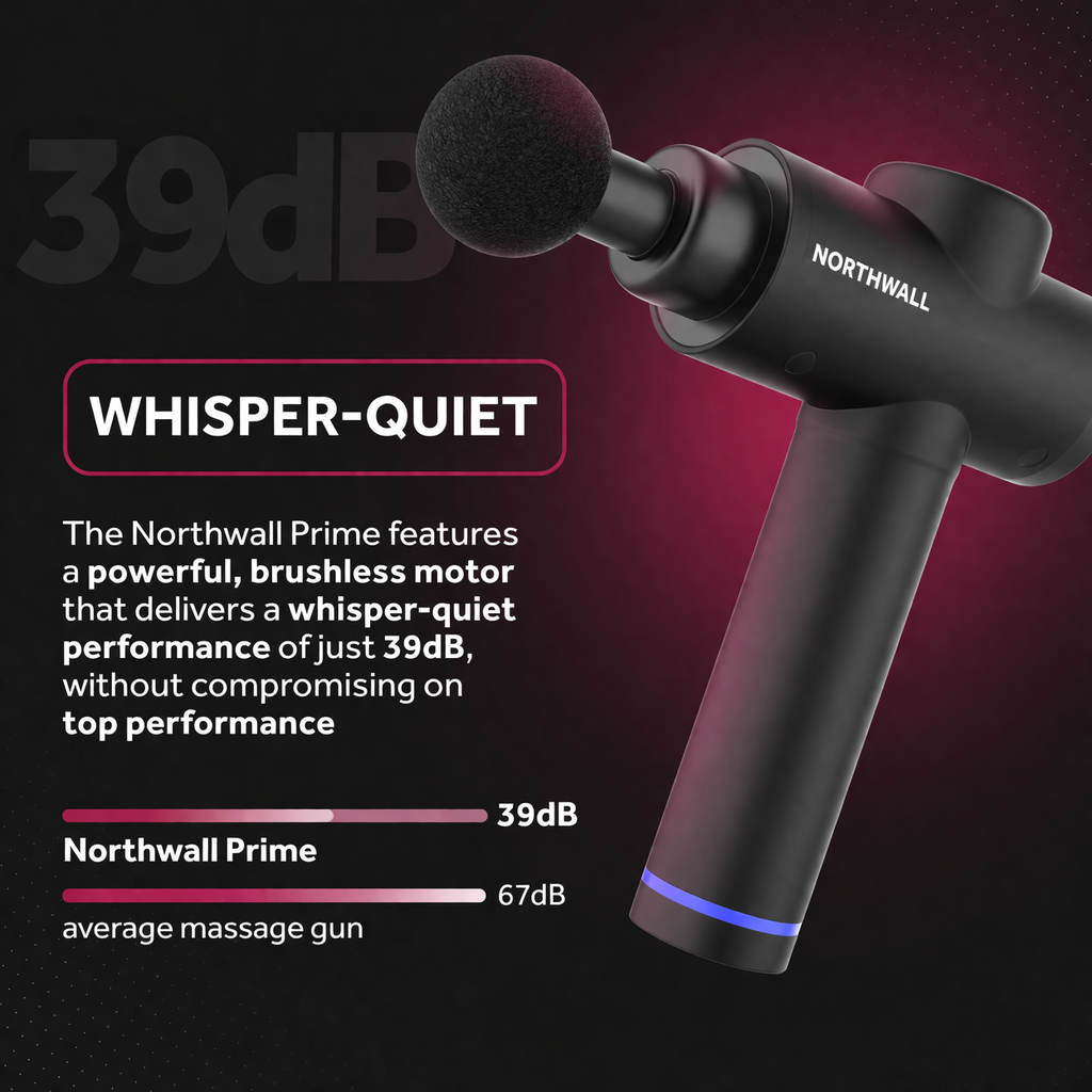 Schwarze Massagepistole von Northwall mit leisem Betrieb (39dB), im Vergleich zu 67dB.