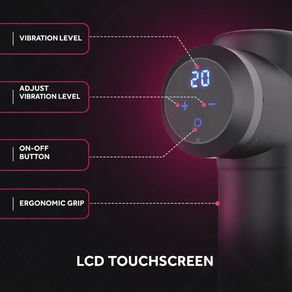 Massagepistole mit LCD-Display zeigt 20 Stufen an. Bedienelemente für Pegel, Ein/Aus.