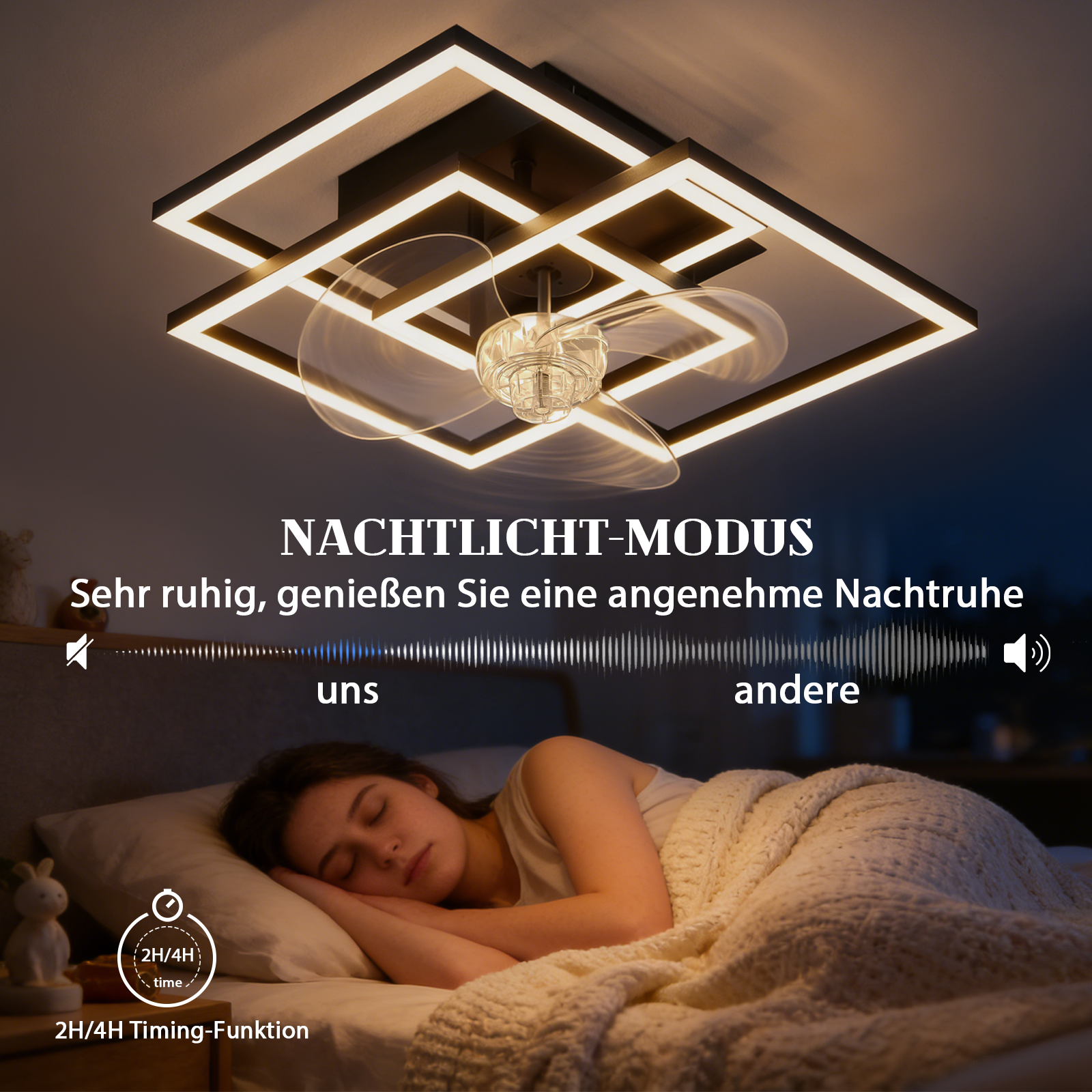 Lampa sufitowa z wentylatorem i oświetleniem nad śpiącą osobą.
