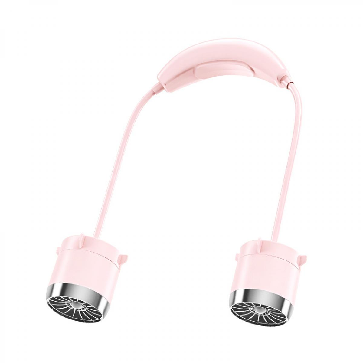 Ein rosa Nackenventilator mit zwei Lüftern mit Silberring hängt auf weißem Hintergrund.