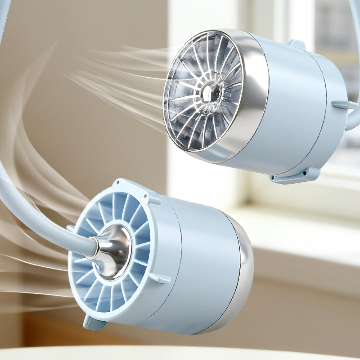 Ein tragbares Nackenventilator in Hellblau mit zwei Lüftern, die Luft ausstoßen.