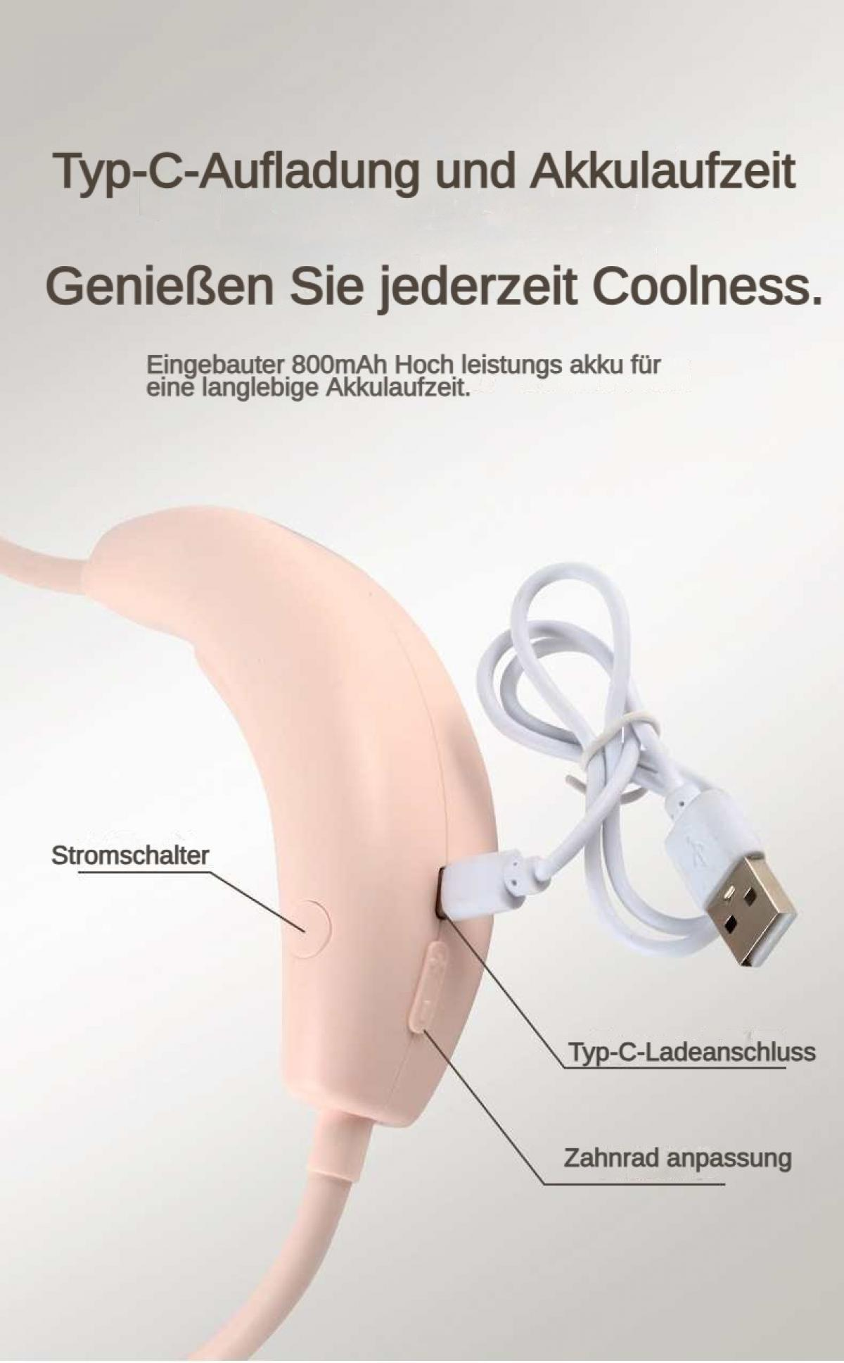 Ein pinkfarbenes Gerät mit USB-C-Ladeanschluss und Stromschalter.