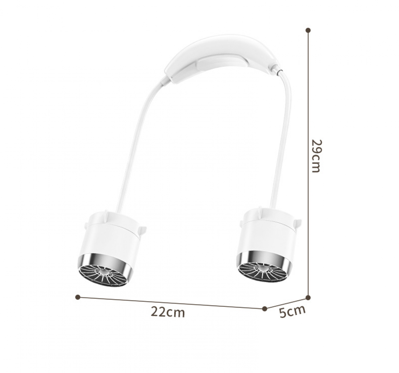 Ein weißer Nackenventilator mit zwei Lüftern und silbernen Gittern.