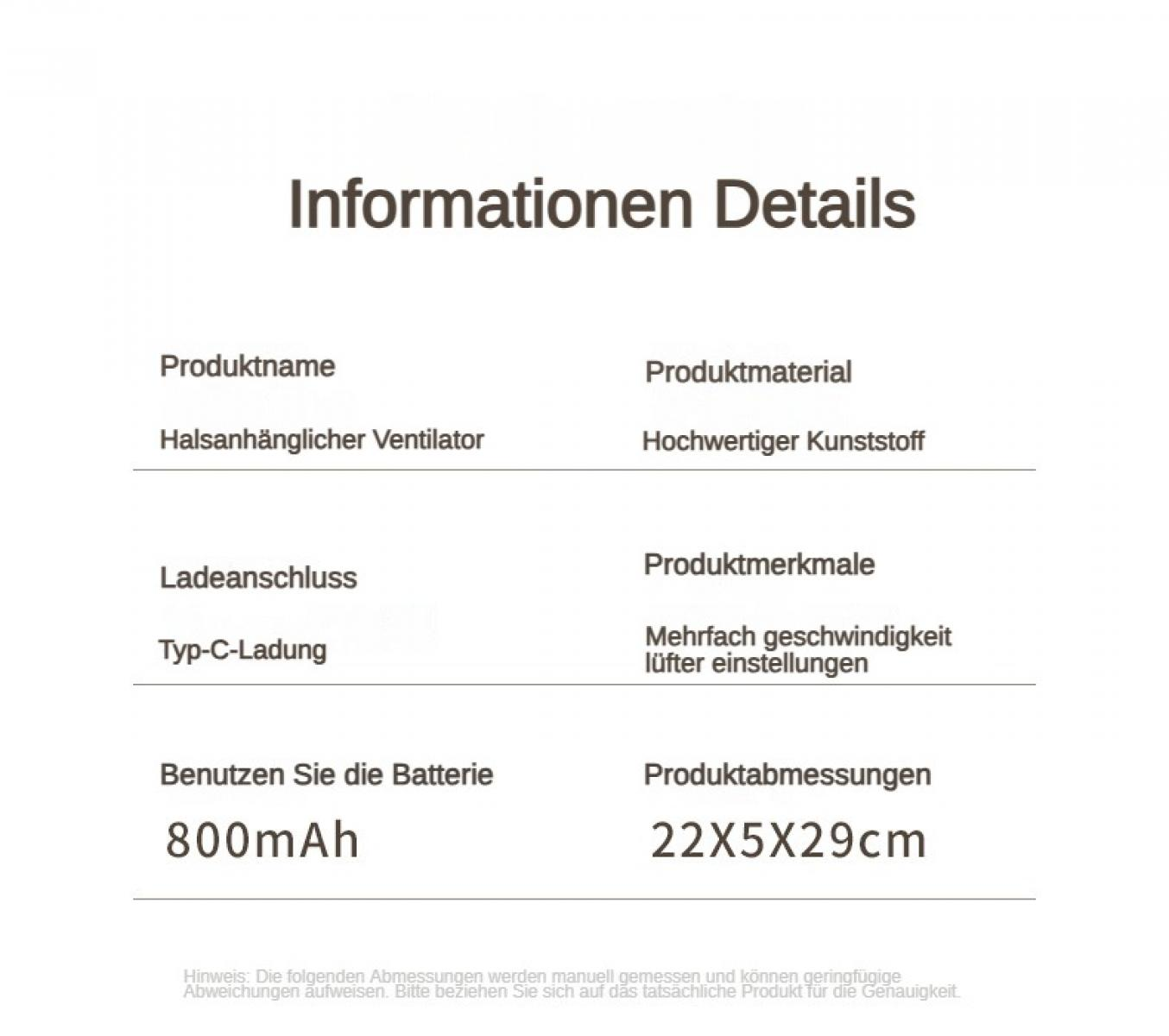 Informationen Details: Halsventilator, Kunststoff, Typ-C, 800mAh, 22x5x29cm.