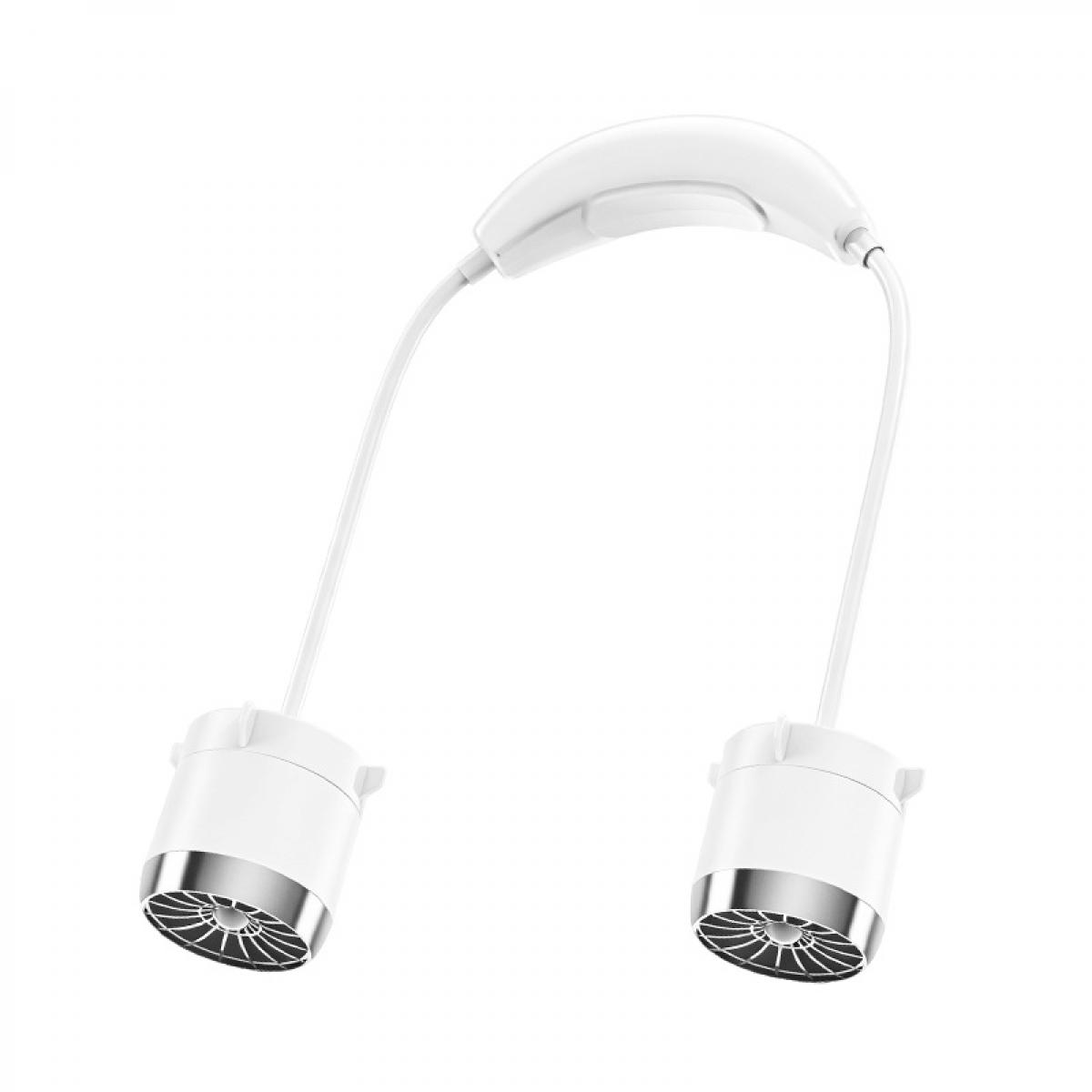 Ein weißer Nackenventilator mit zwei Lüftern und silbernen Akzenten.