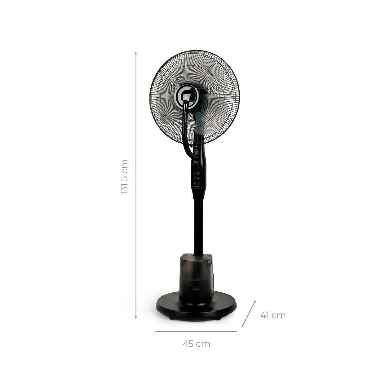 Un ventilatore da terra nero alto 131,5 cm e largo 45 cm.