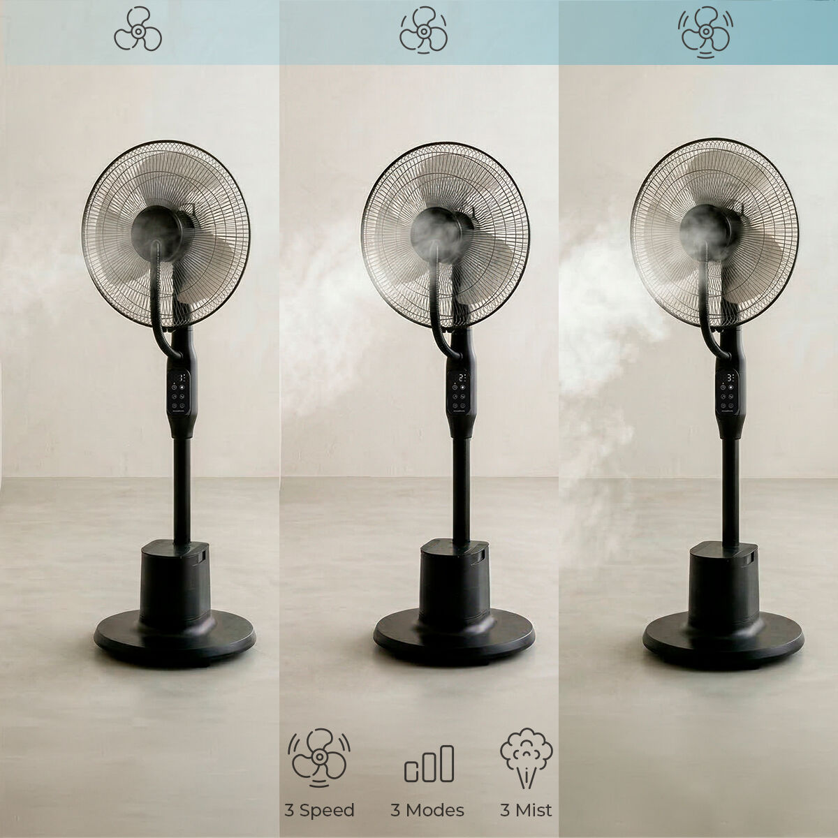 Tre ventilatori a piantana neri con funzione nebbia, tre velocità.