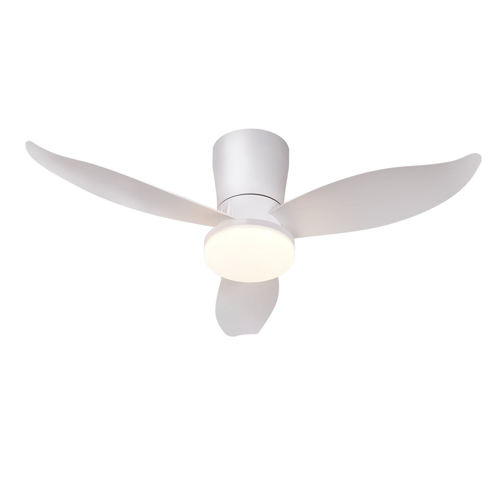 Un moderno ventilatore da soffitto bianco con tre pale e luce integrata.
