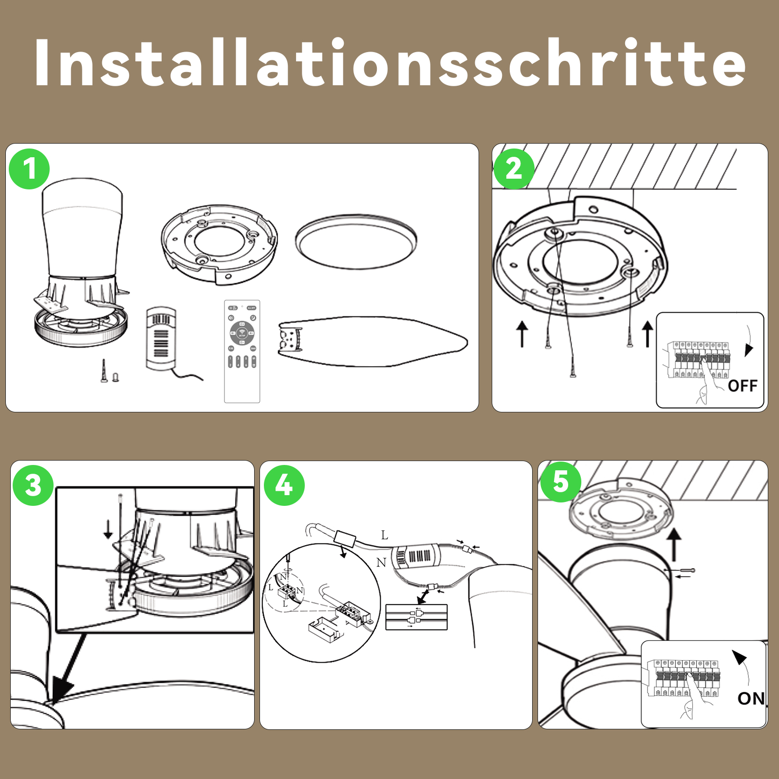 Passaggi di installazione per una lampada da soffitto con telecomando, dettagliati in 5 passaggi.