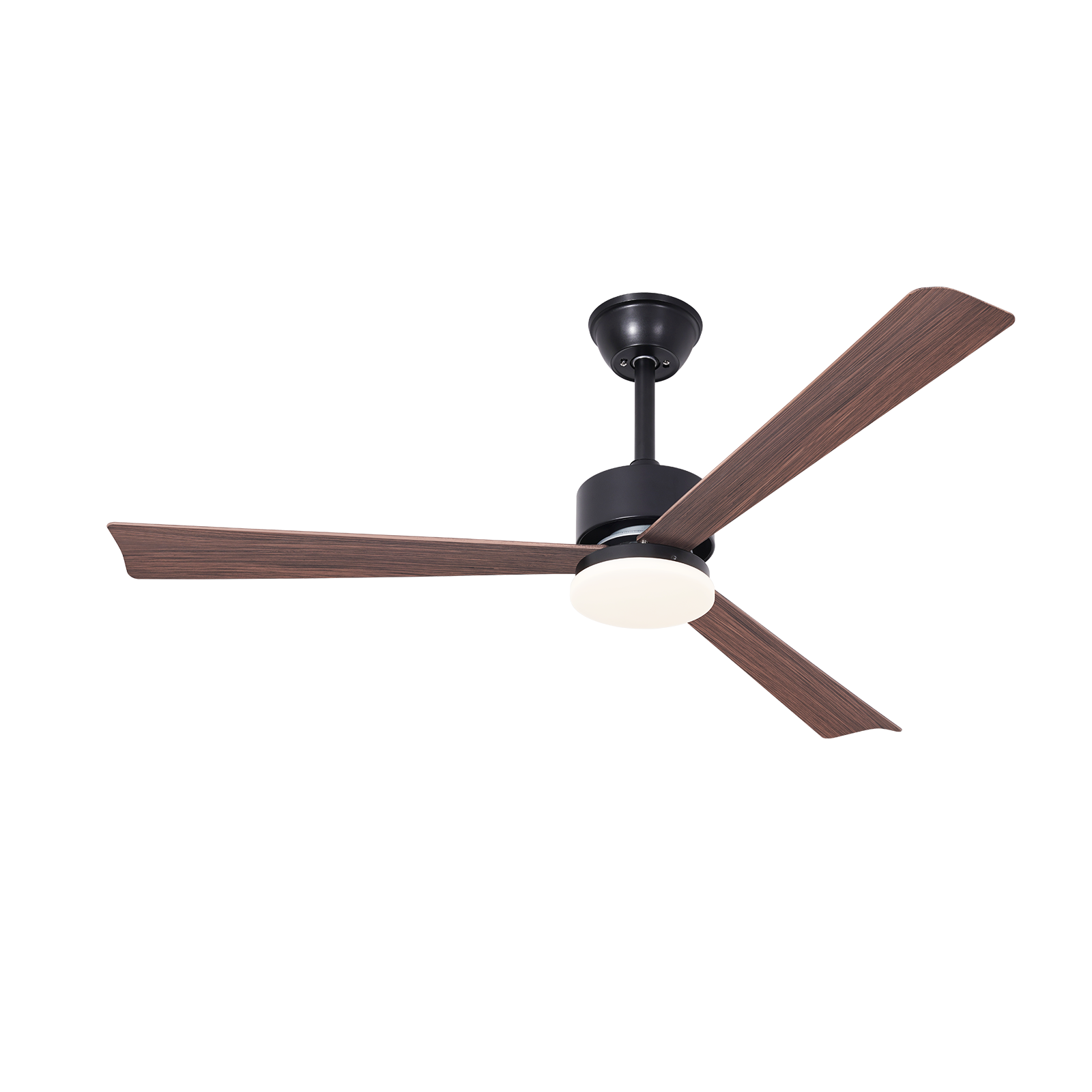 Ventilatore da soffitto nero con tre pale effetto legno e lampada LED rotonda.