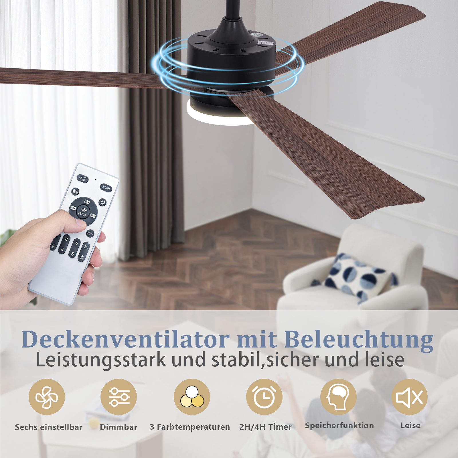 Ventilatore da soffitto con telecomando e luce in un soggiorno.
