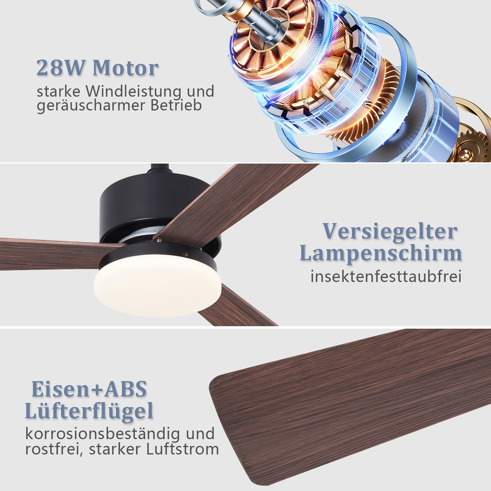 Ventilatore da soffitto con motore, lampada e pale in legno.