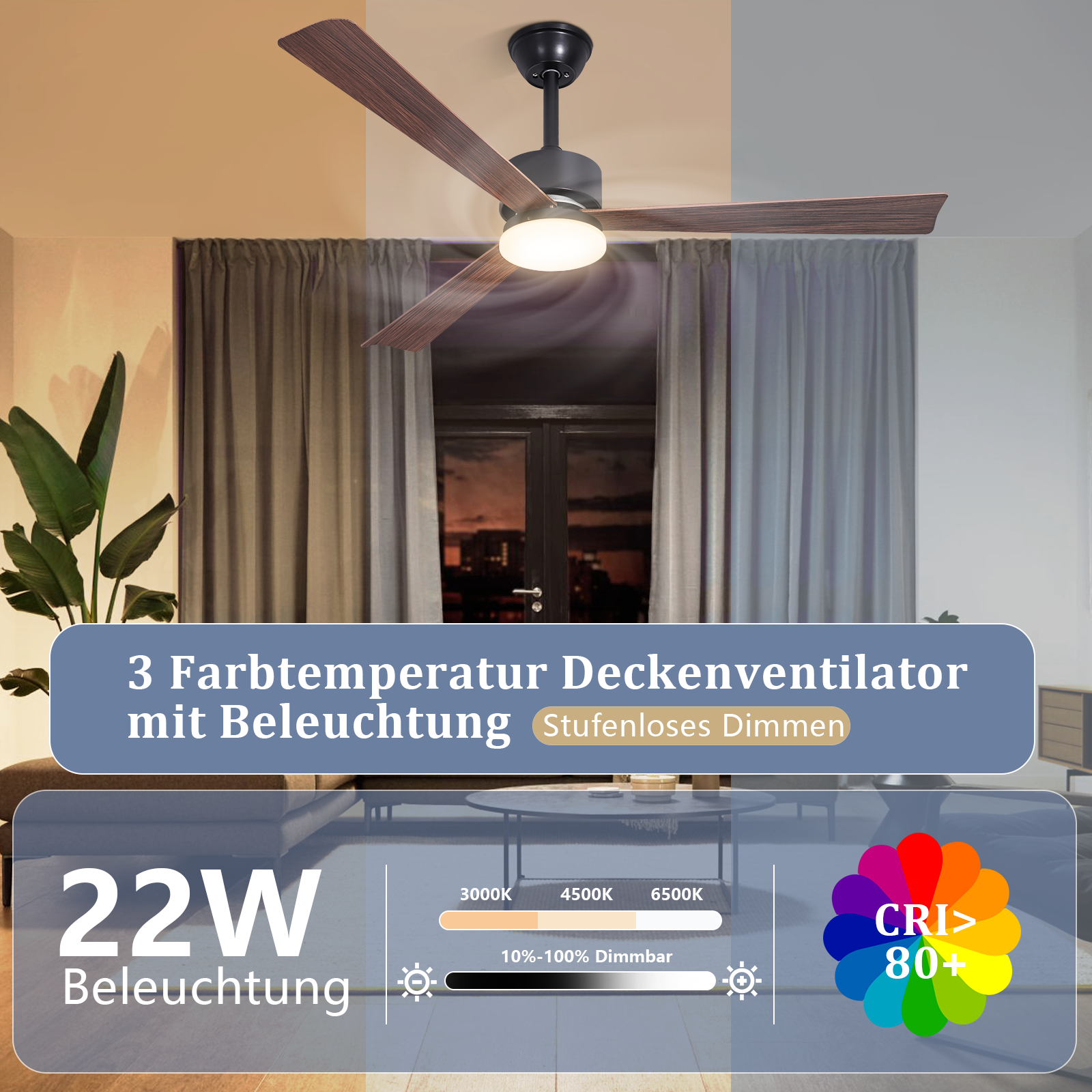 Ventilatore da soffitto con luce da 22W, 3 temperature colore e dimmerabile.