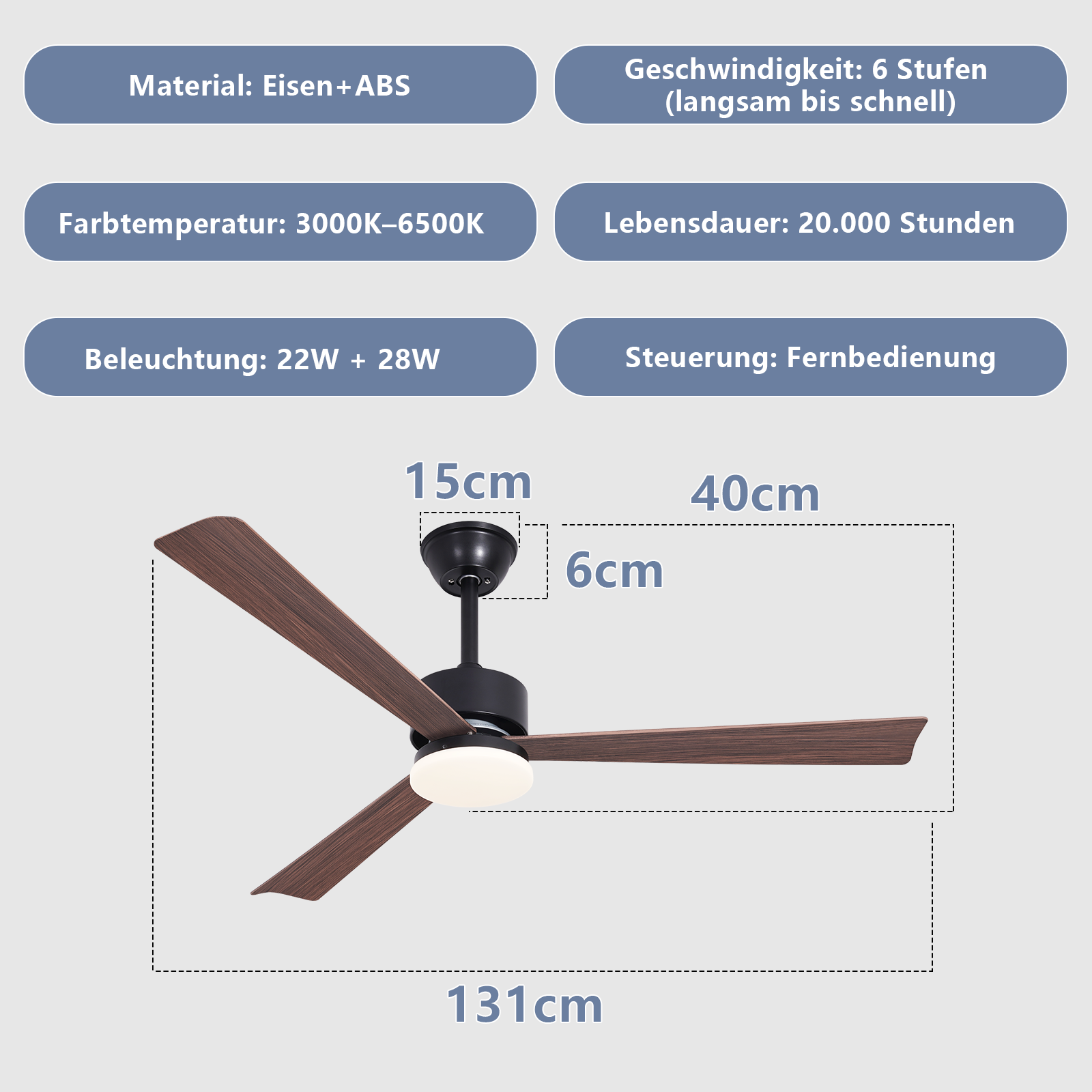 Un ventilatore da soffitto con tre pale in legno marrone e luce integrata.
