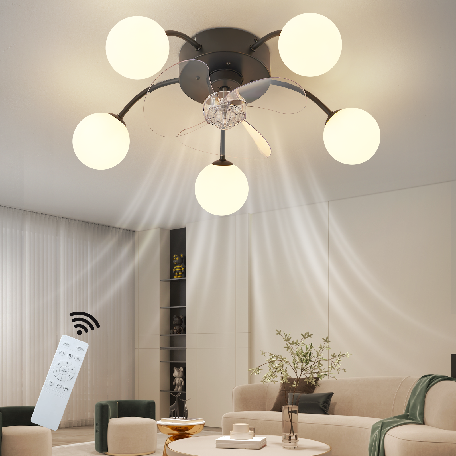 Lampa sufitowa z wentylatorem, pilotem i szklanymi kulami w salonie.