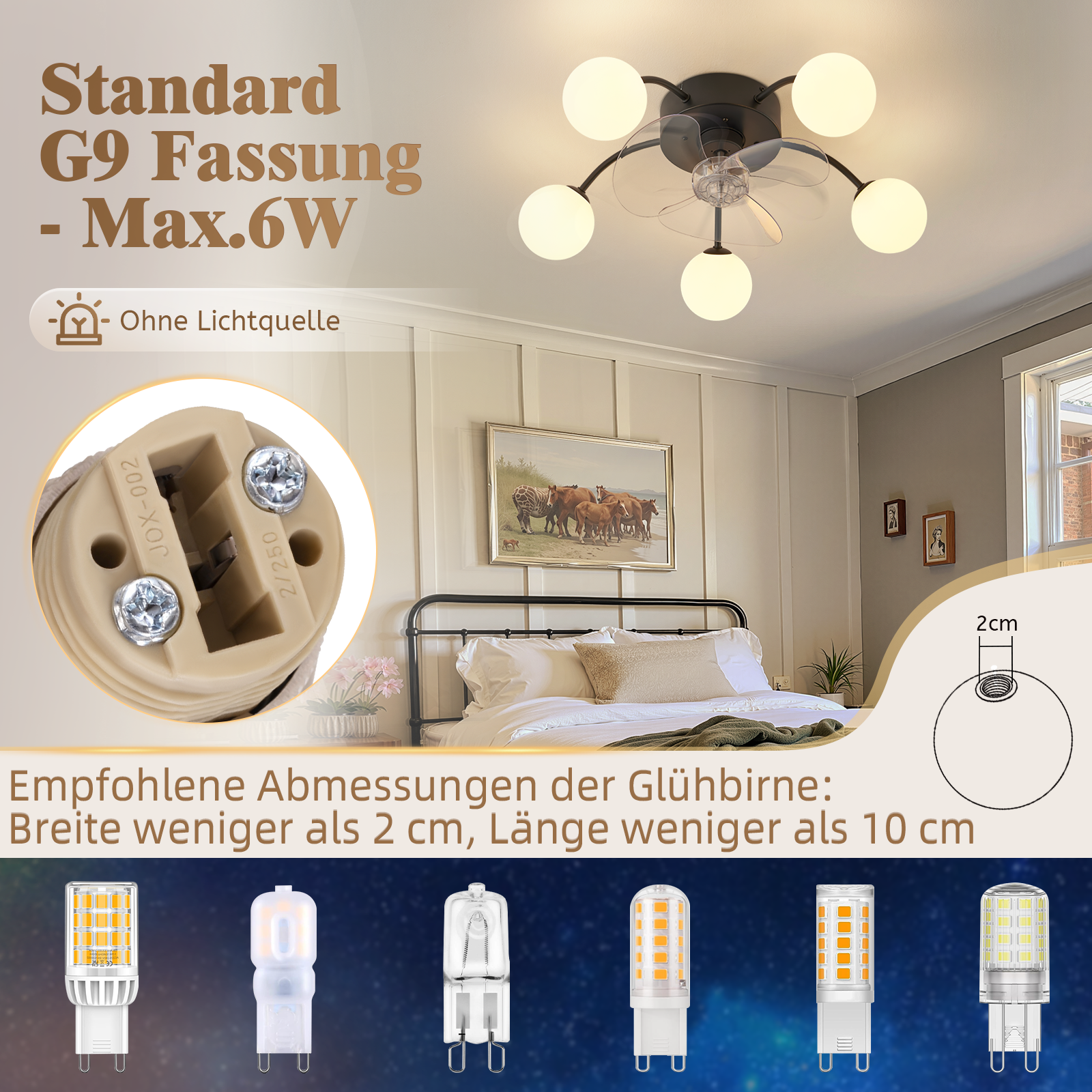 Lampa sufitowa z wentylatorem, trzonek G9, wymiary i żarówki.