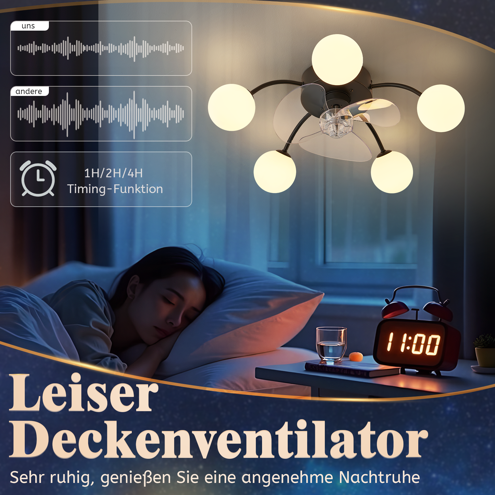 Kobieta śpi, nad nią wentylator sufitowy z lampami.