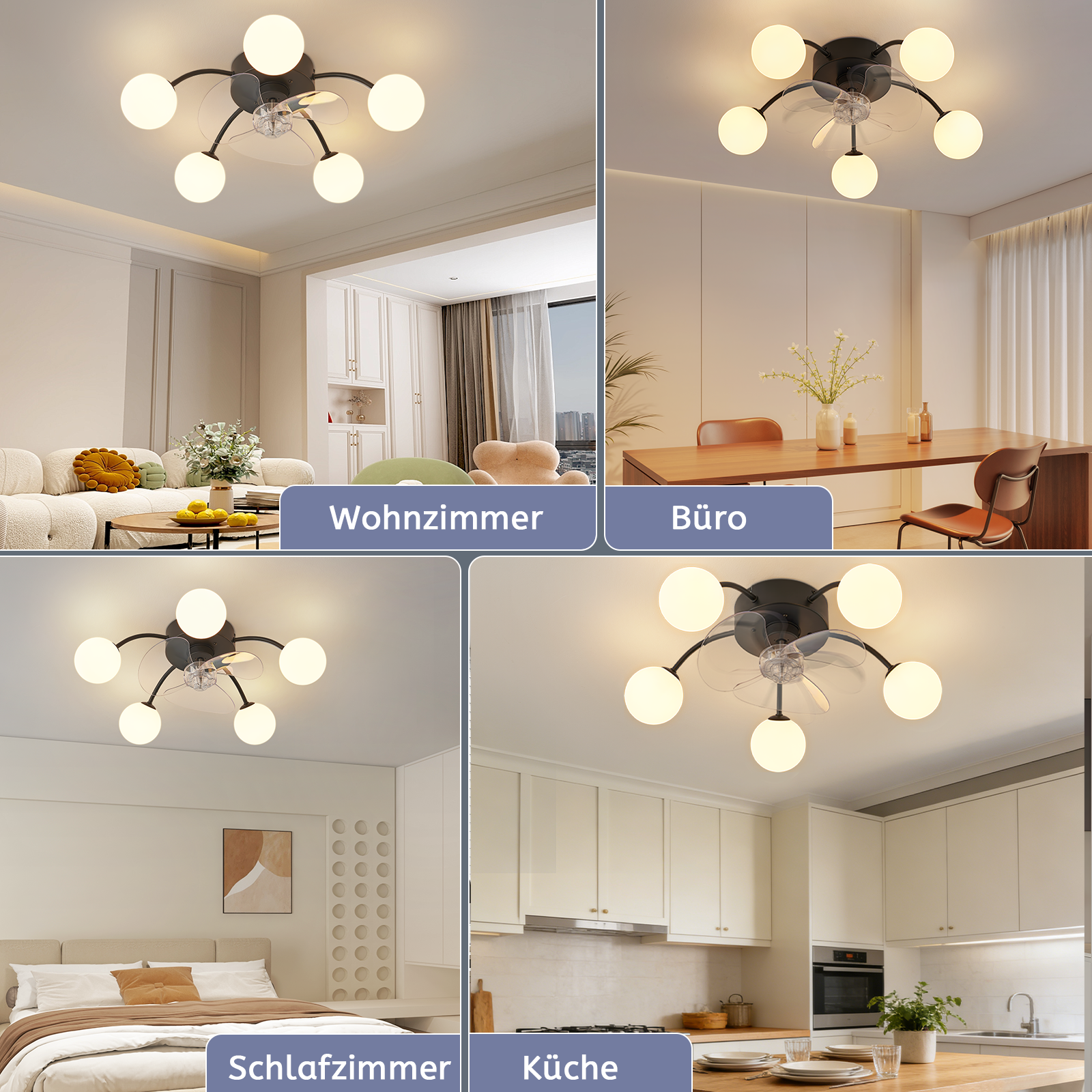 Lampa sufitowa z wentylatorem w salonie, biurze, sypialni, kuchni.