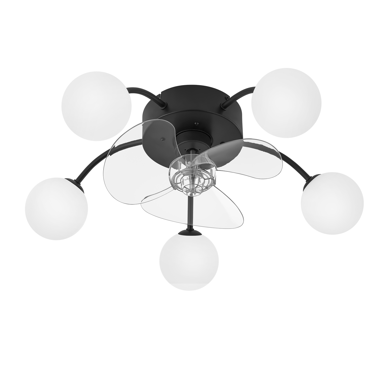 Lampa sufitowa z wentylatorem: Czarna podsufitka, 5 białych kul szklanych, 4 przezroczyste łopatki.