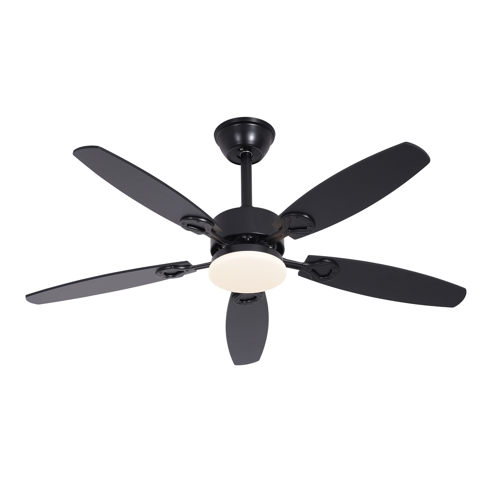 Ventilatore da soffitto nero a cinque pale con lampada bianca integrata.