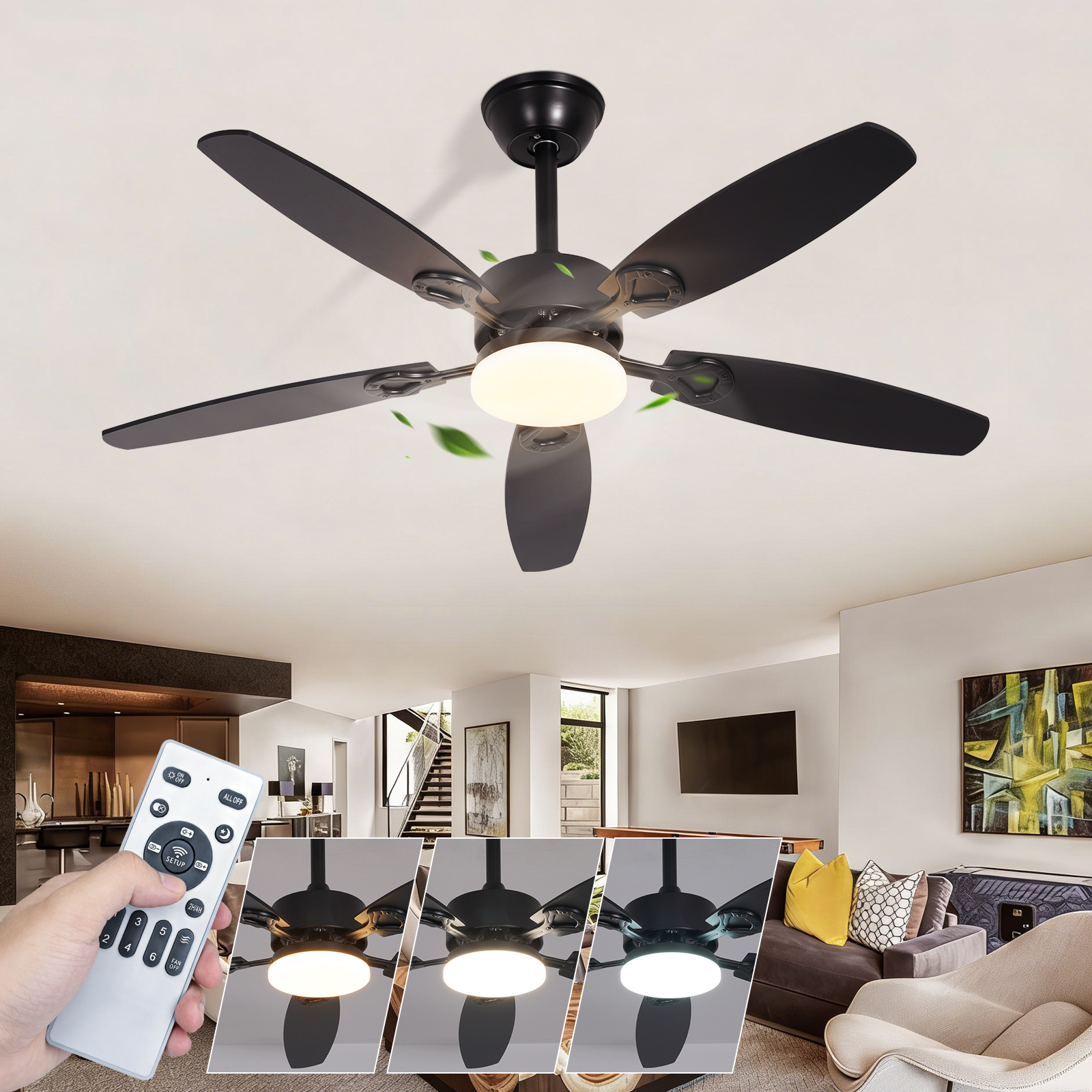 Ventilatore da soffitto nero con luce, mostrato dal basso con telecomando.