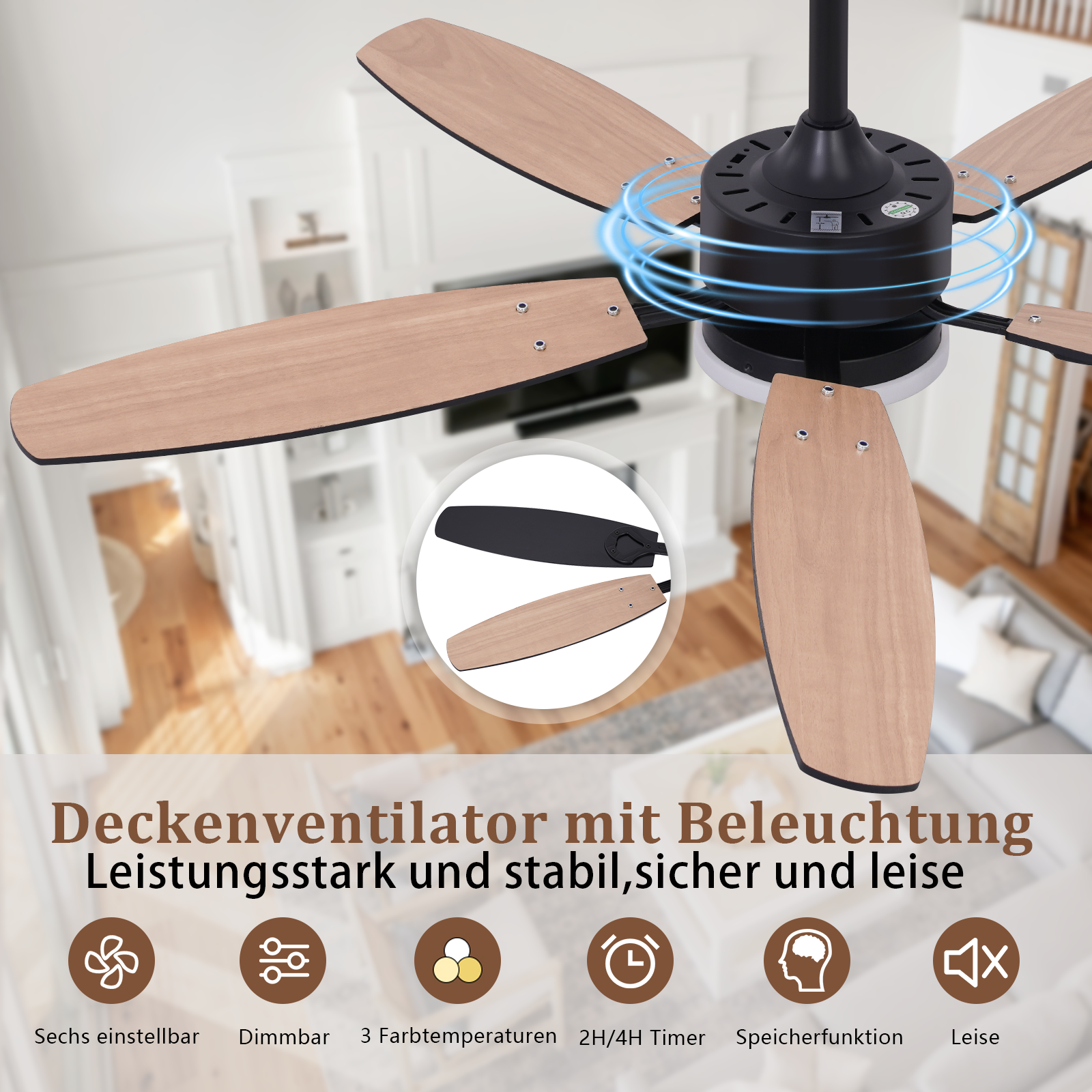 Ventilatore da soffitto con pale in legno e illuminazione in un salotto.