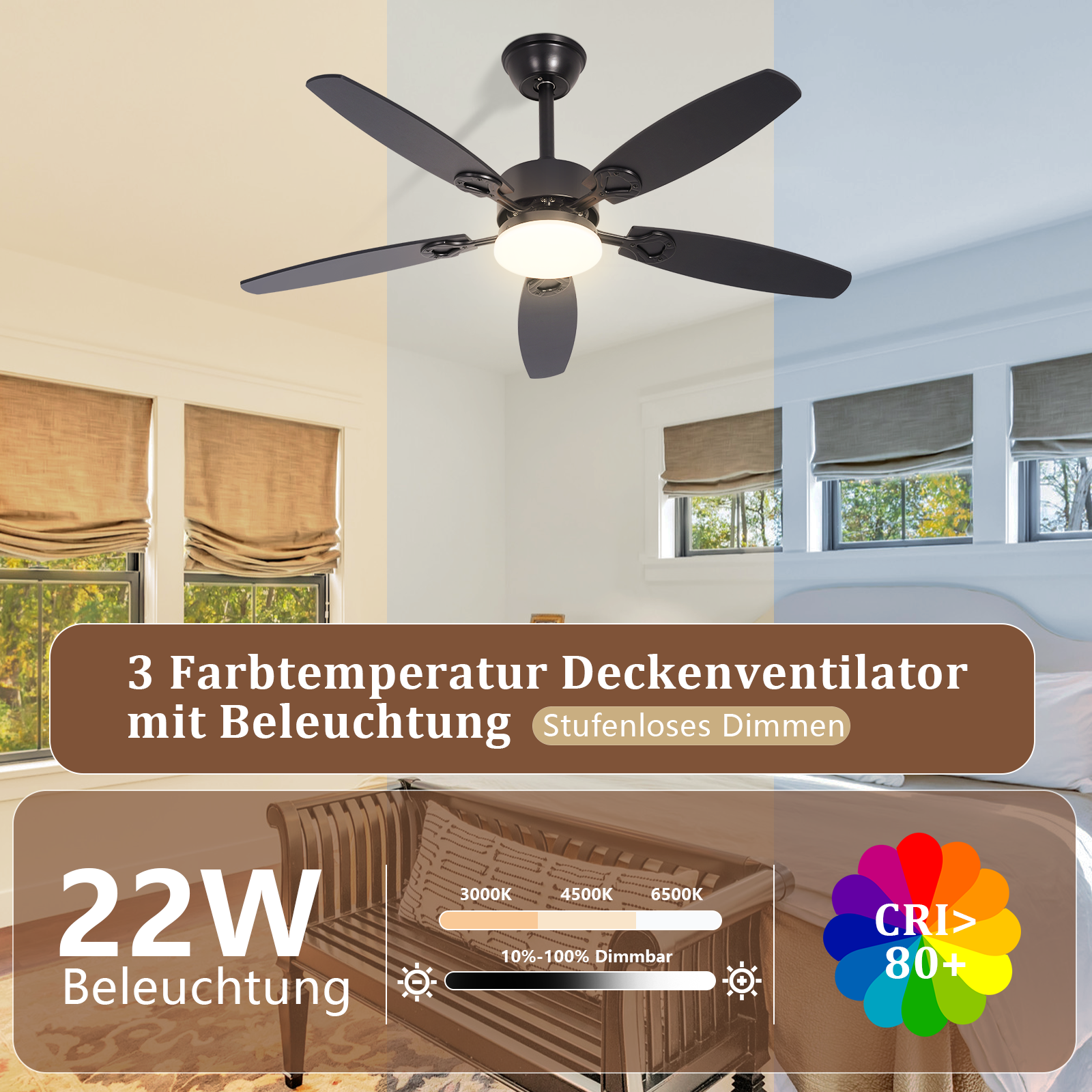 Ventilatore da soffitto nero con luce, 3 temperature colore e dimmerabile.