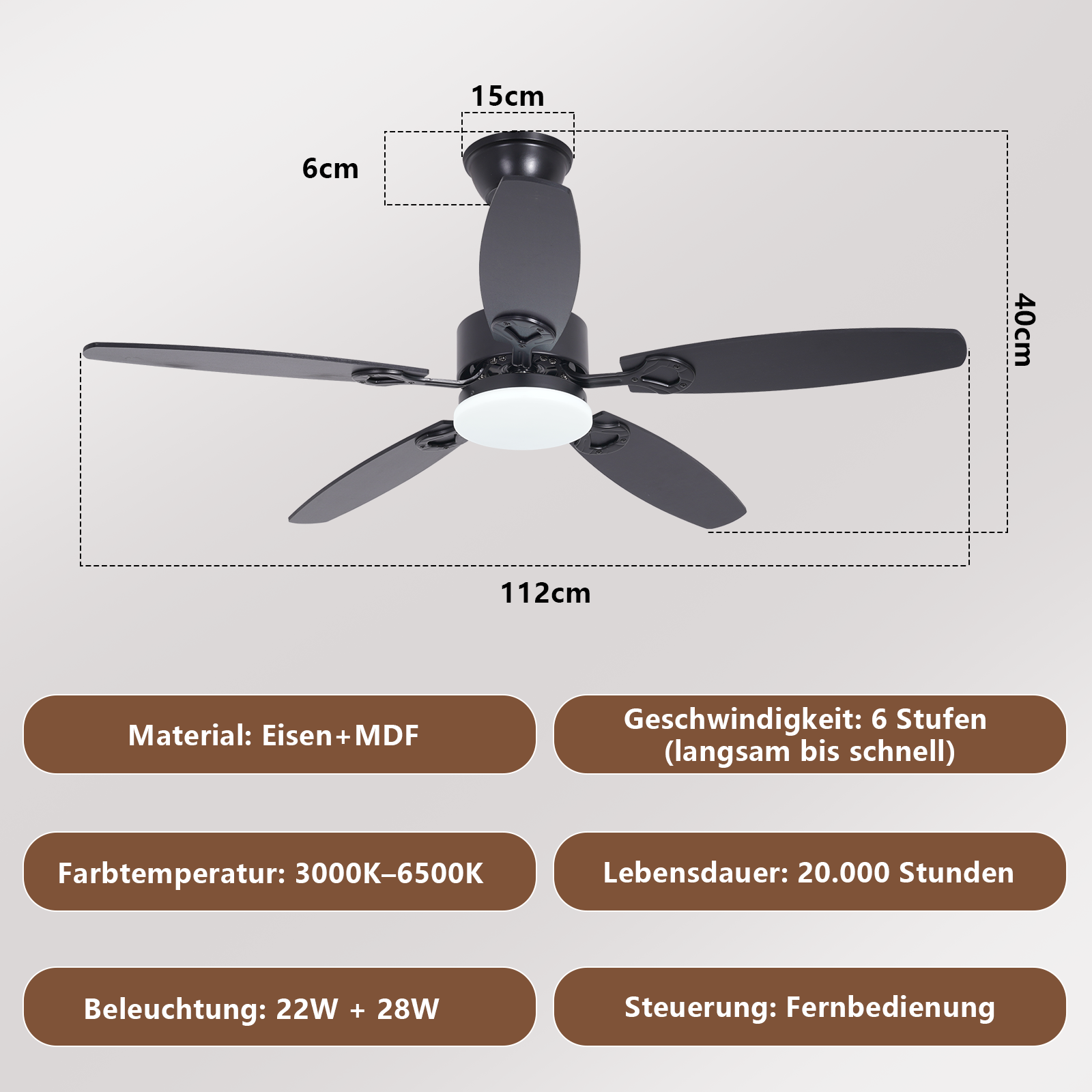 Ventilatore da soffitto nero con luce, diametro 112cm, 6 velocità.