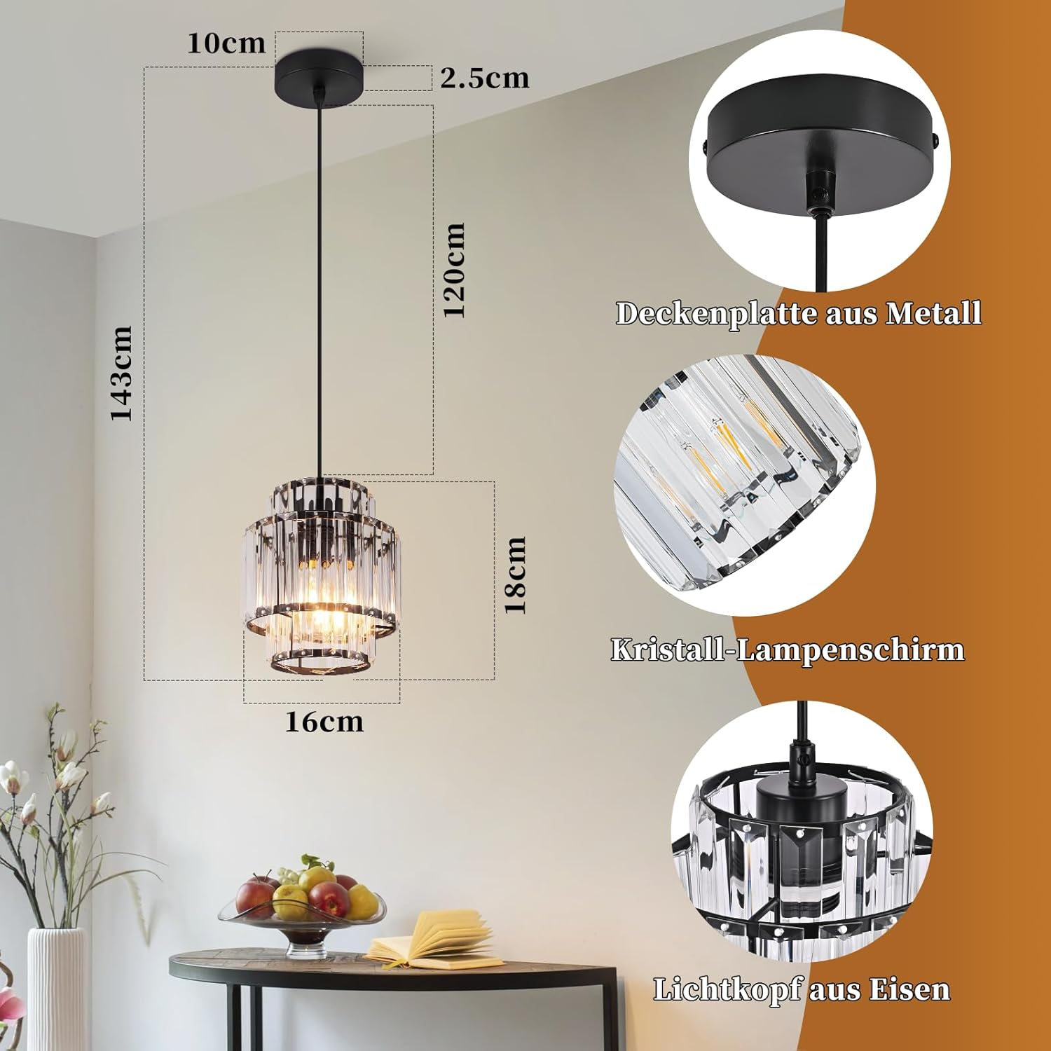 Lampada a sospensione in cristallo con piastra a soffitto in metallo, 16x18cm. Dimensioni 143x10x2.5cm.